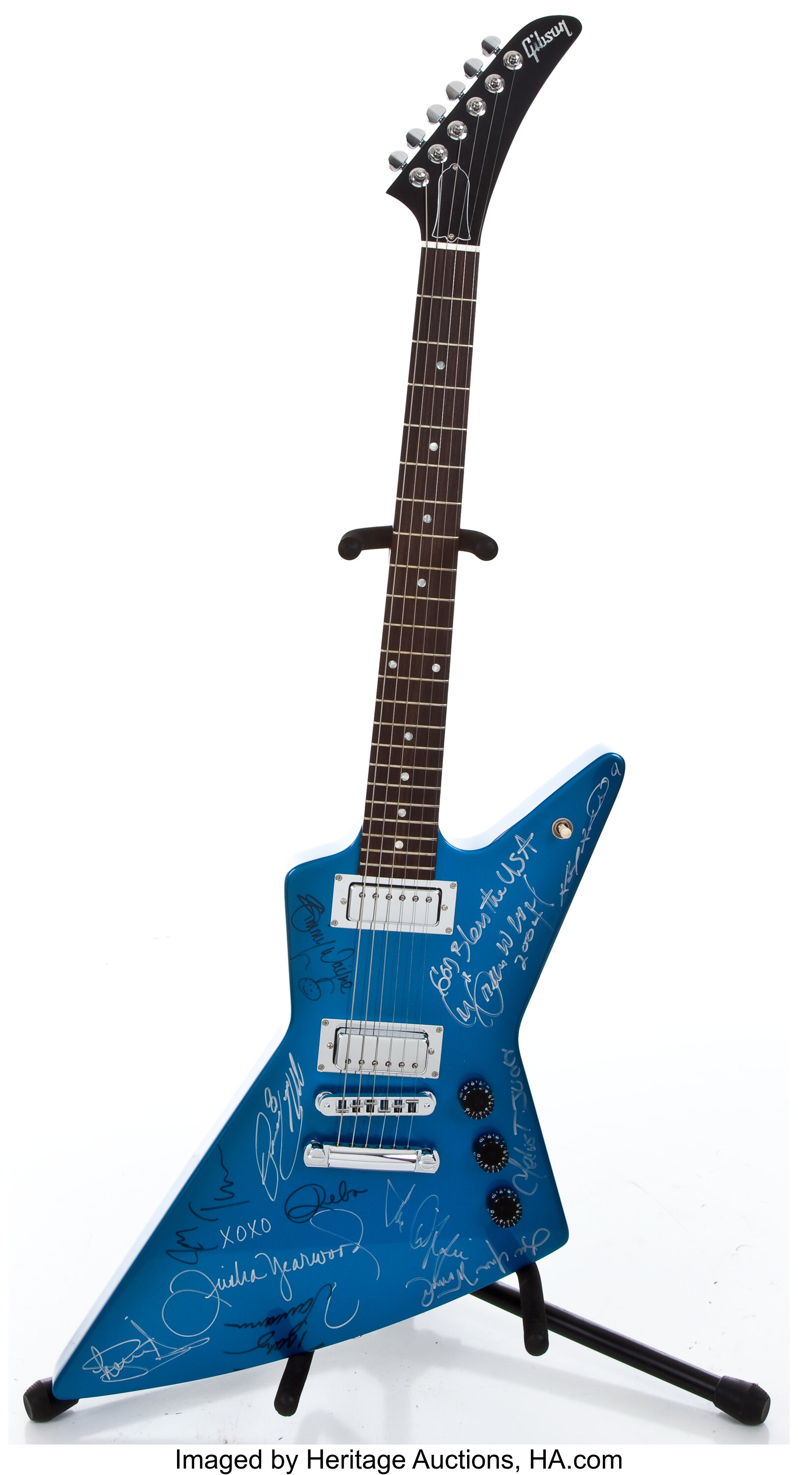 Blue store explorer guitar