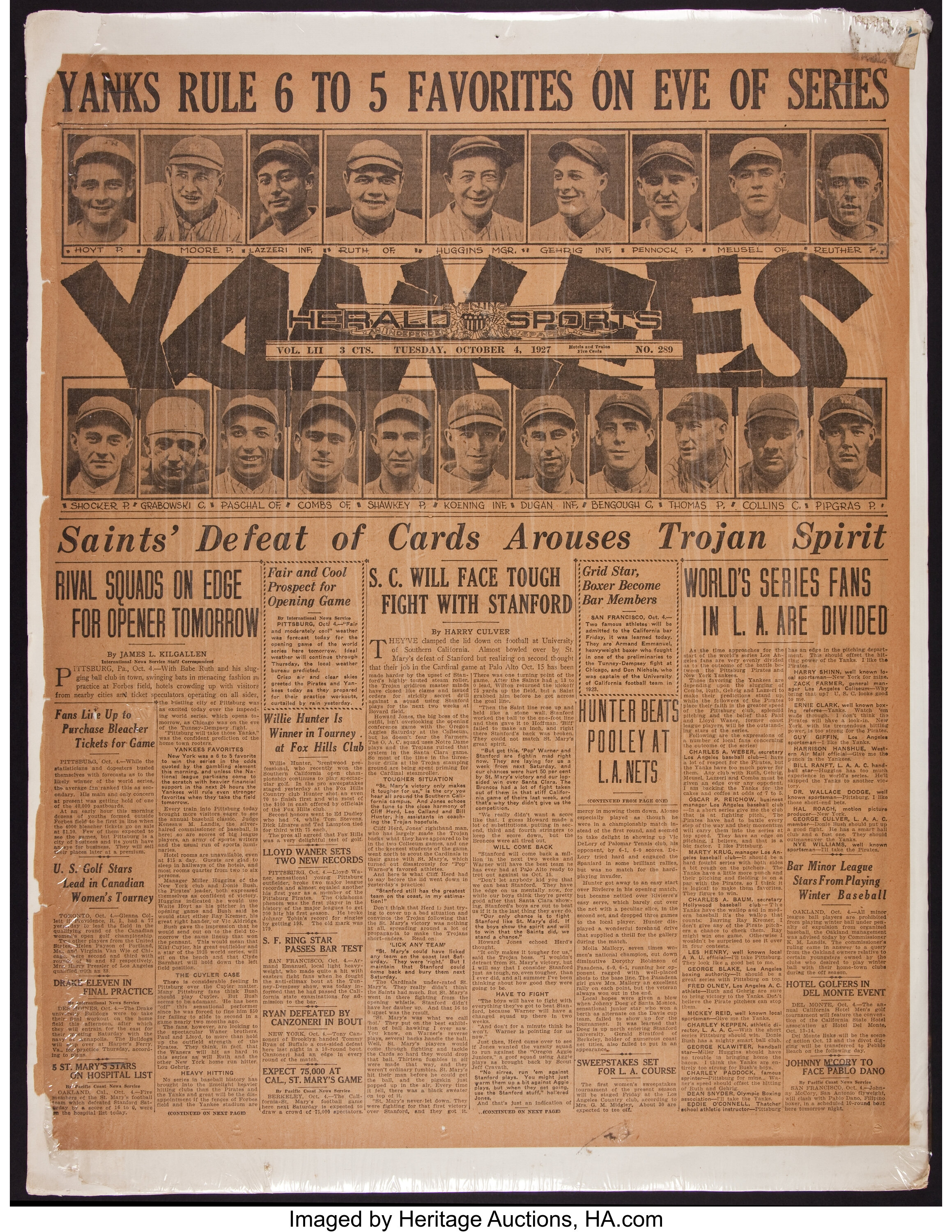 1927 New York Yankees World Series Original Newspaper. Baseball