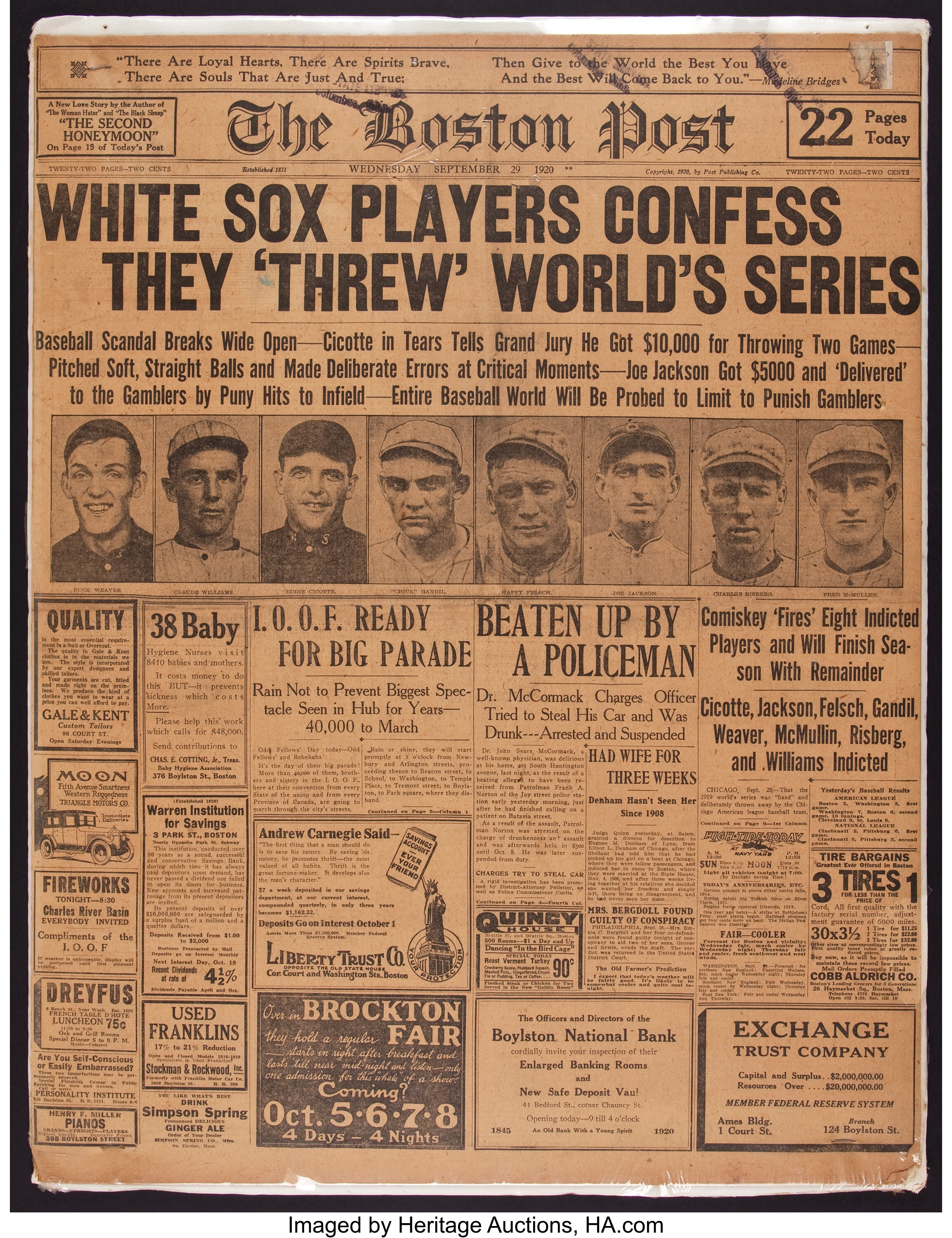  CHICAGO BLACK SOX World Series Scandal Breaks w/INDICTMENTS ?  1920 Newspaper THE DAY, New London, Connecticut, Sept. 25, 1920 :  Collectibles & Fine Art