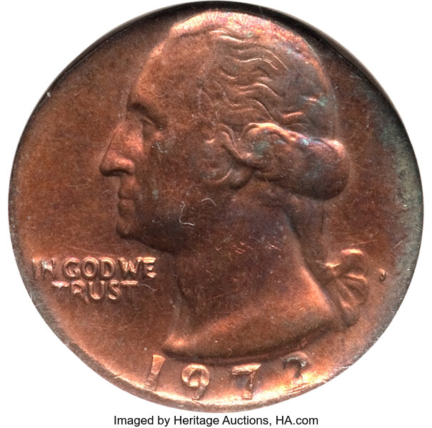 1972 D Washington Quarter Struck on a Cent Planchet MS65 Red