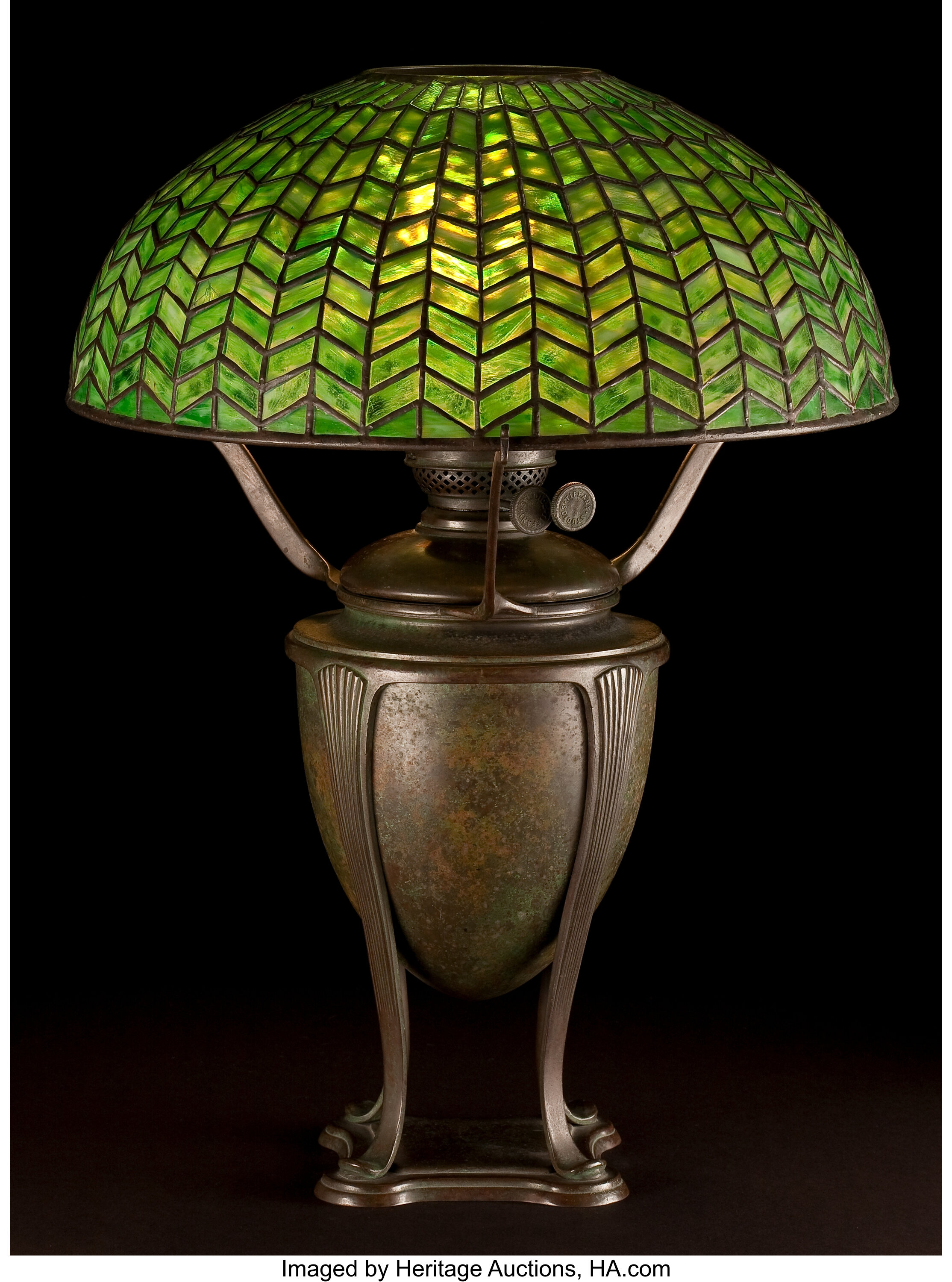 TIFFANY STUDIOS GREEK URN OIL LAMP BASE WITH GREEN HERRINGBONE | Lot ...