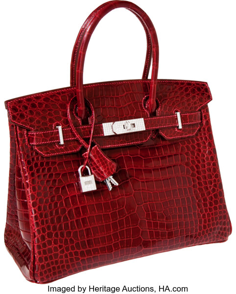 AN EXCEPTIONAL, SHINY ROUGE H POROSUS CROCODILE DIAMOND BIRKIN 30 WITH 18K  WHITE GOLD AND DIAMOND HARDWARE, HERMÈS, 2008