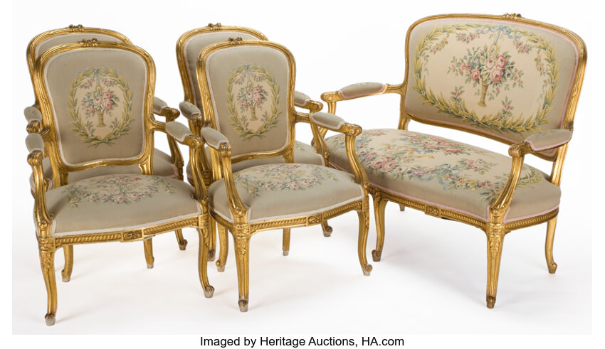 French Louis XV Paris style carved gilt wood Salon Suite Set