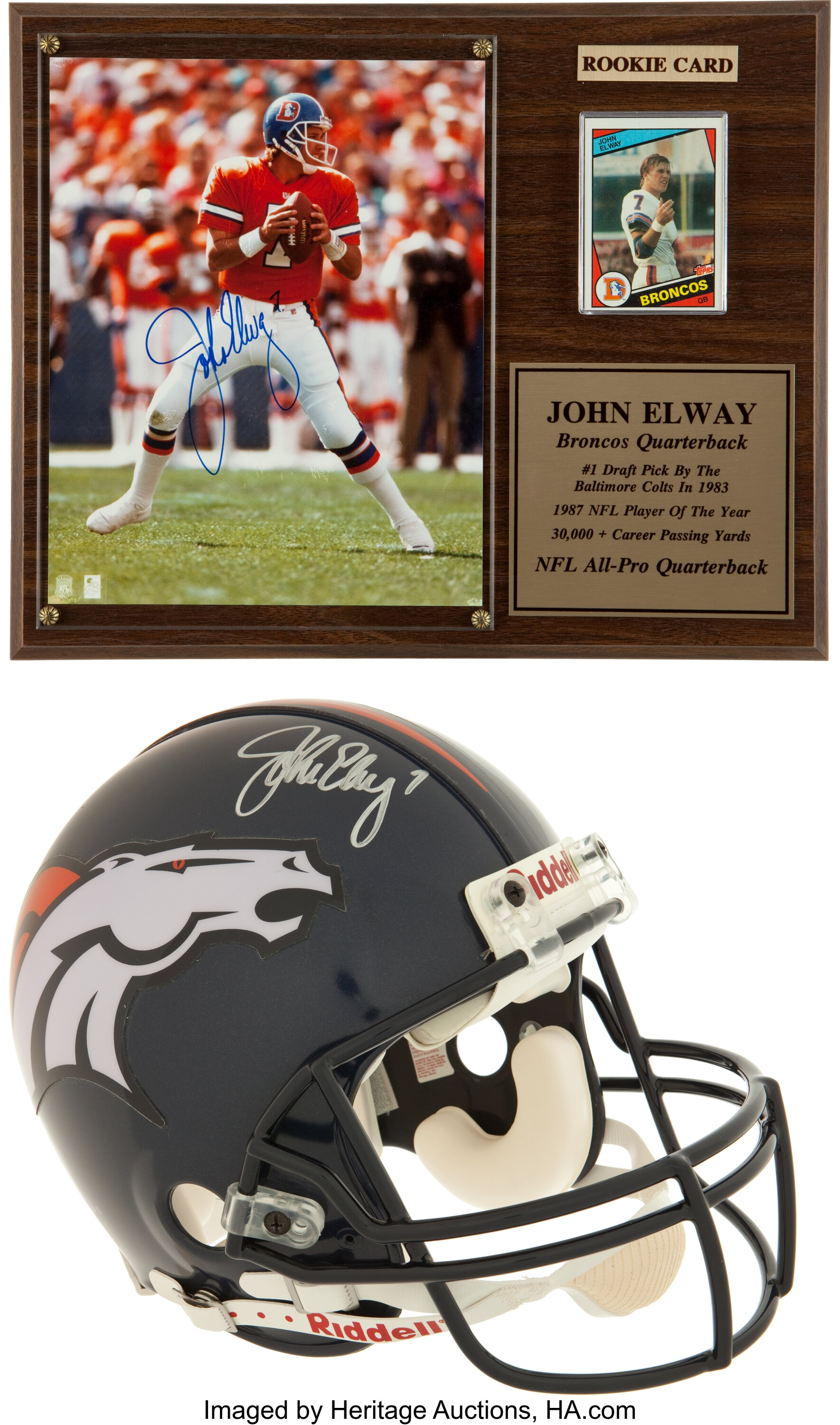 John Elway Signed Authentic Helmet and Photograph/Rookie Card