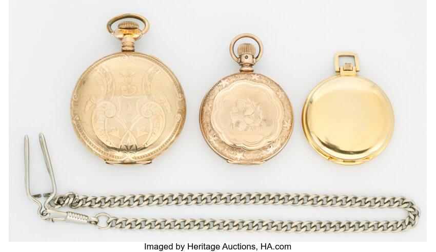 THREE AMERICAN GOLD PLATED POCKET WATCHES BY WALTHAM HAMPDEN AND Lot 86672 Heritage Auctions