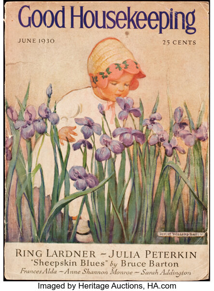 Paintings, JESSIE WILLCOX SMITH (American, 1863-1935). Little Girl with Irises, Good Housekeeping cover, June 1930. Oil on board. ... (Total: 2 Items)