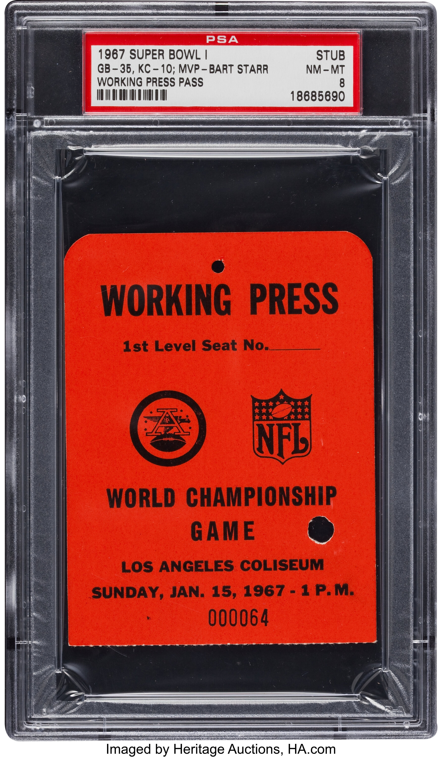 1967 Super Bowl I Press Pass PSA NM-MT 8 - Pop 1 Finest Known!, Lot  #81491