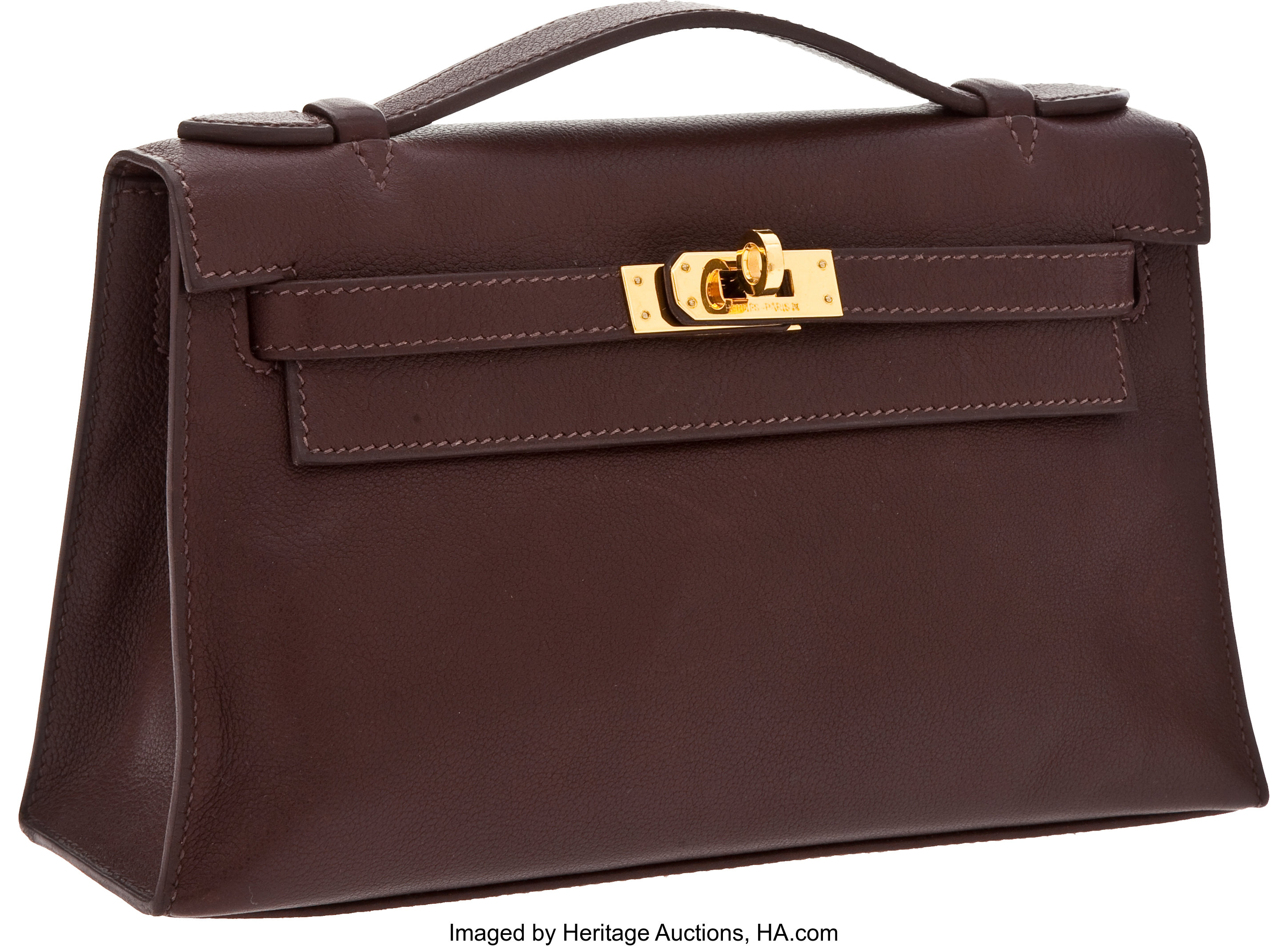 Hermes Chocolate Swift Leather Kelly Pochette Bag with Gold