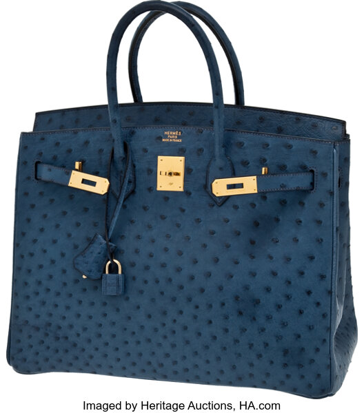 Hermes 35cm Blue Saphir Ostrich Birkin Bag with Gold Hardware