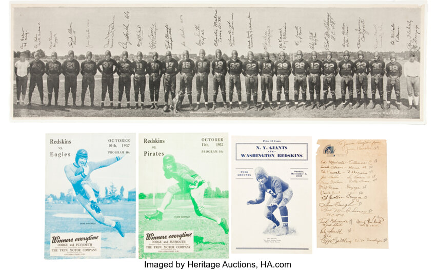 1937-38 Washington Redskins Team Signed Sheet, Ticket Stubs,, Lot #82028