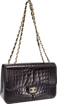 A SHINY GREEN ALLIGATOR MEDIUM DOUBLE FLAP BAG WITH GOLD HARDWARE