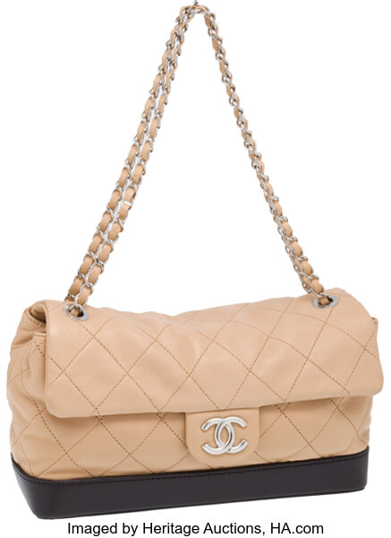 Chanel Classic Beige Lambskin Leather Flap Bag with Black Base. , Lot  #56104