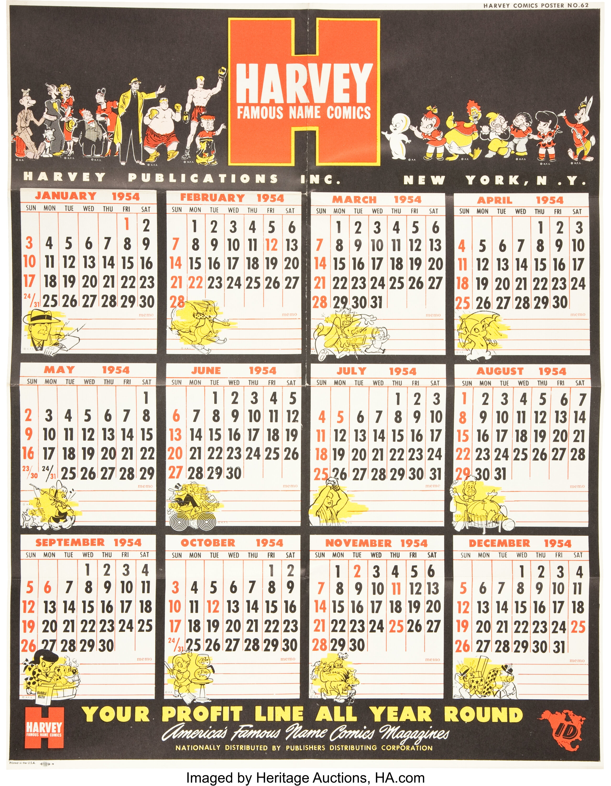 Harvey Comics Promotional Calendar (Harvey, 1954).... Memorabilia | Lot ...