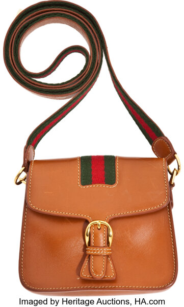 Gucci Vintage Natural Tan Leather Classic Stripe Saddle Bag with, Lot  #56190