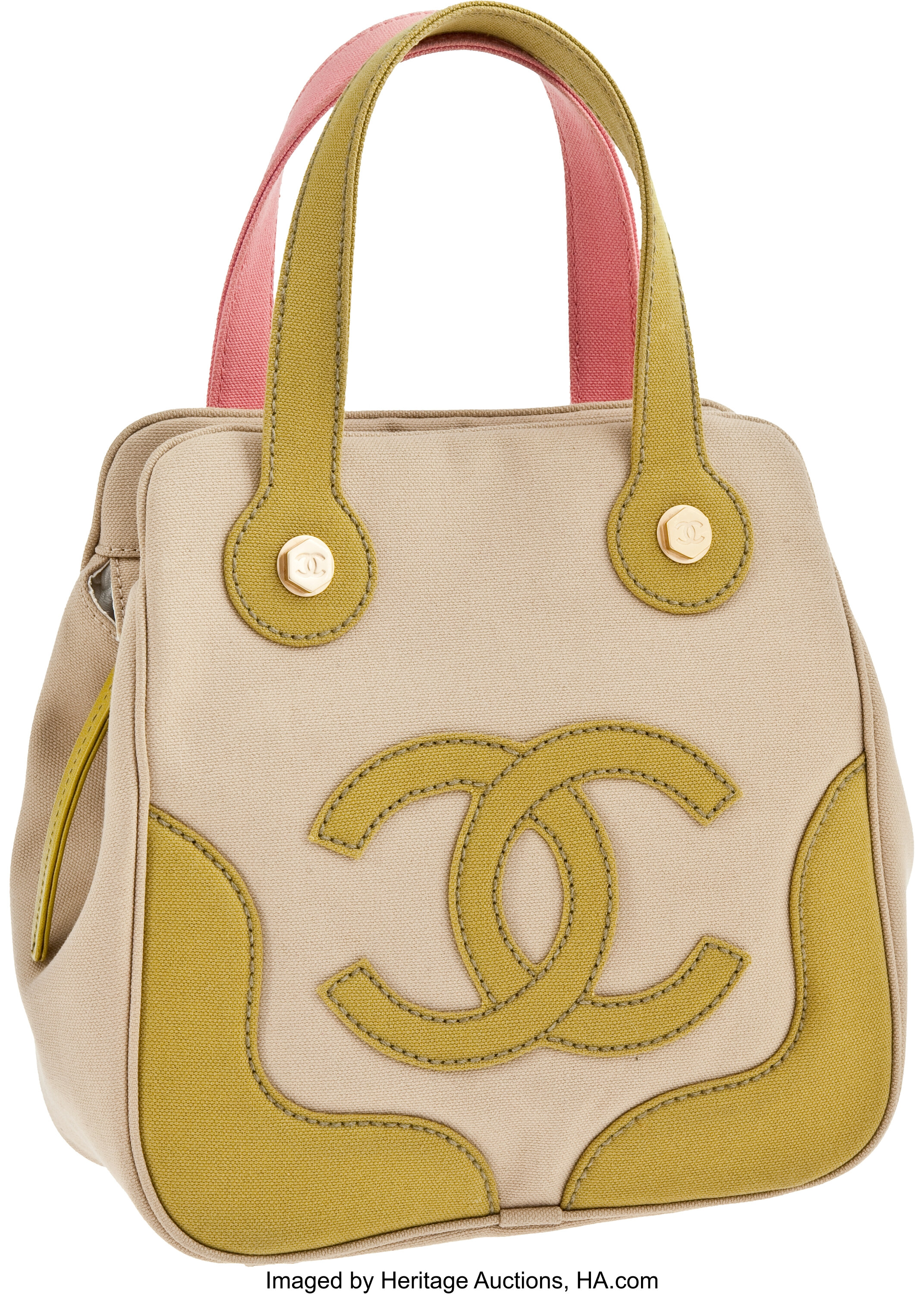Chanel Canvas Bag with Pink & Green Trim.  Luxury Accessories
