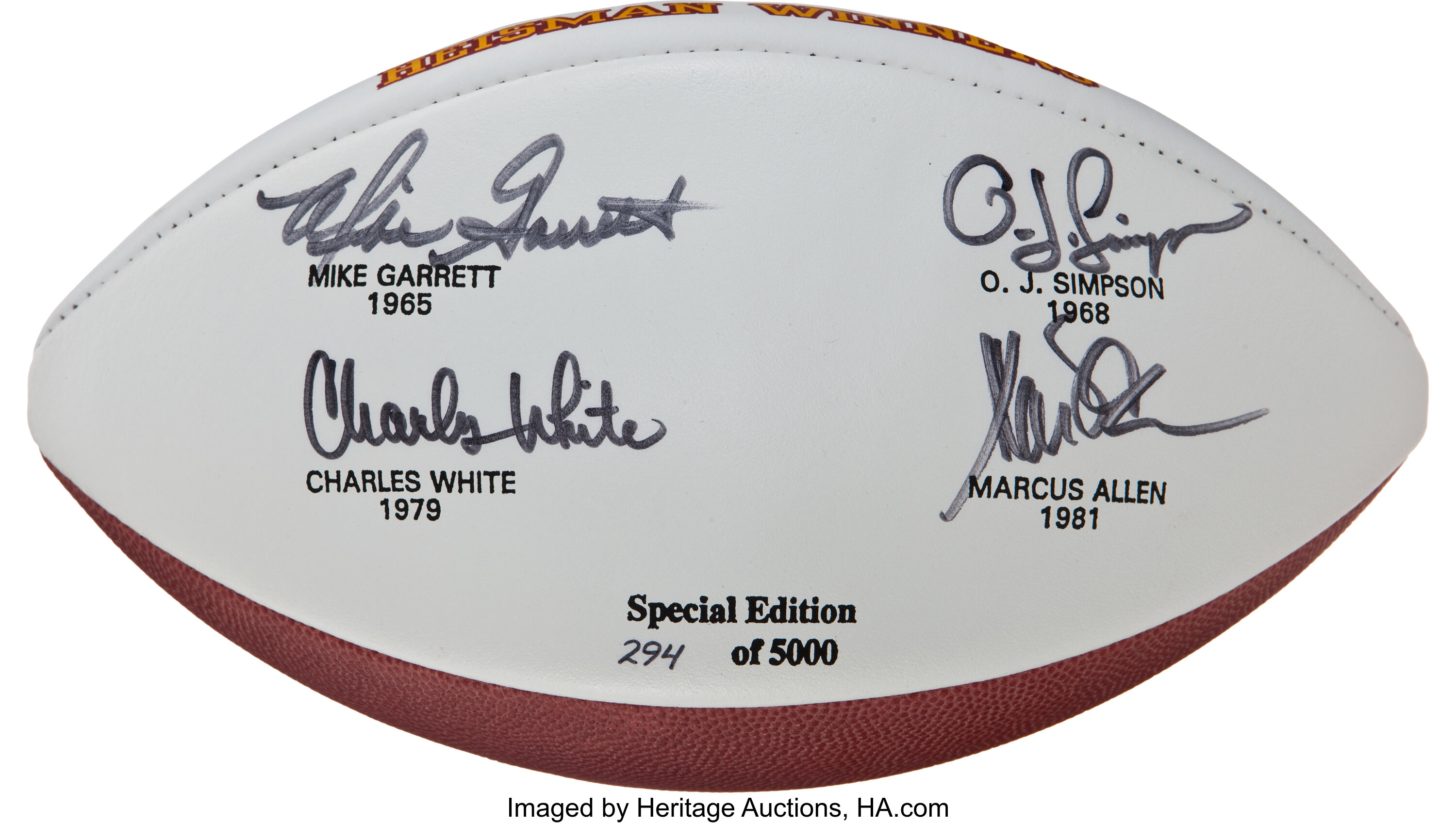 O J Simpson, Marcus Allen, Charles White, & Mike Garrett Signed