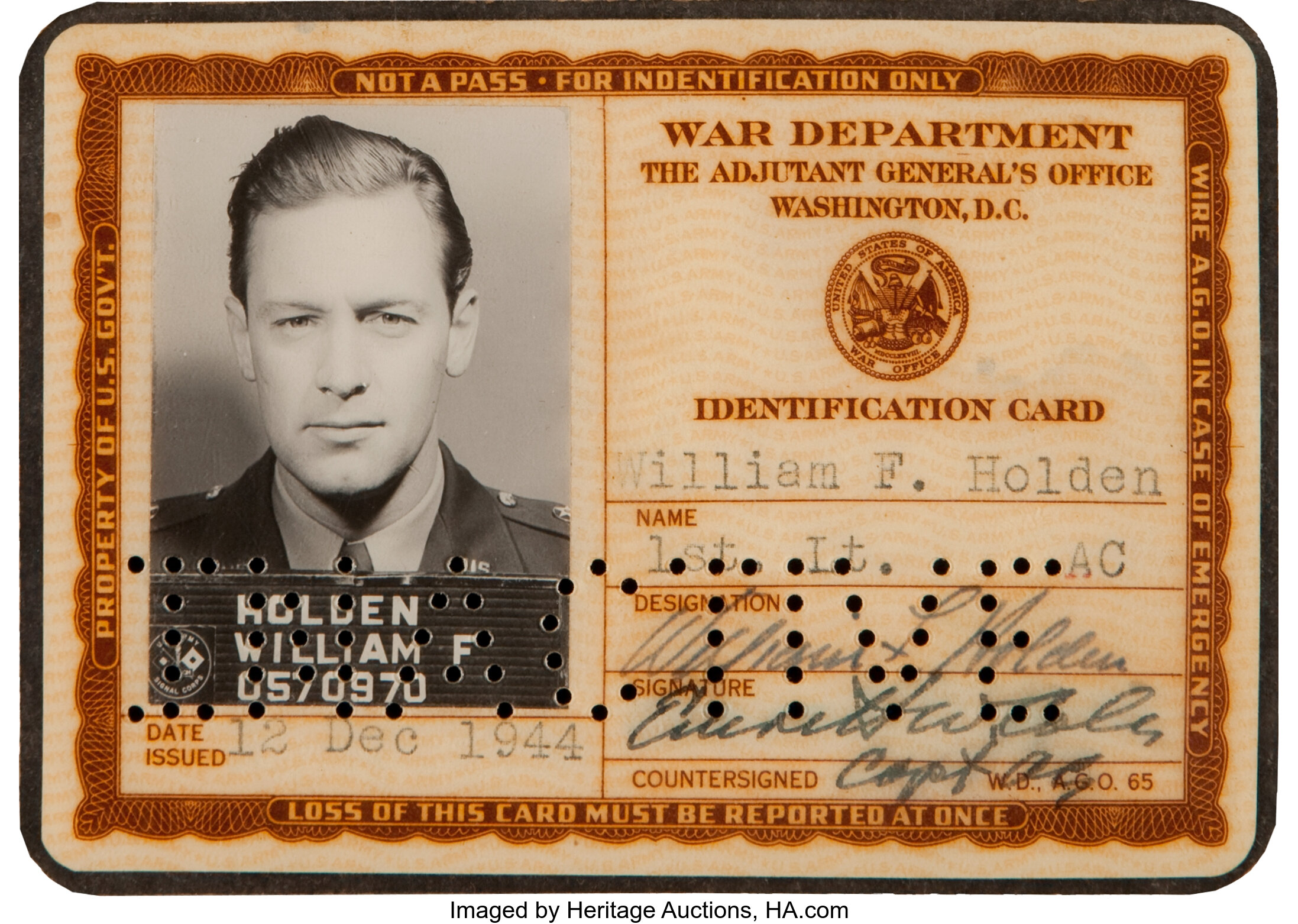 A William Holden Military ID Card and Signed Items, 1940s.... | Lot ...