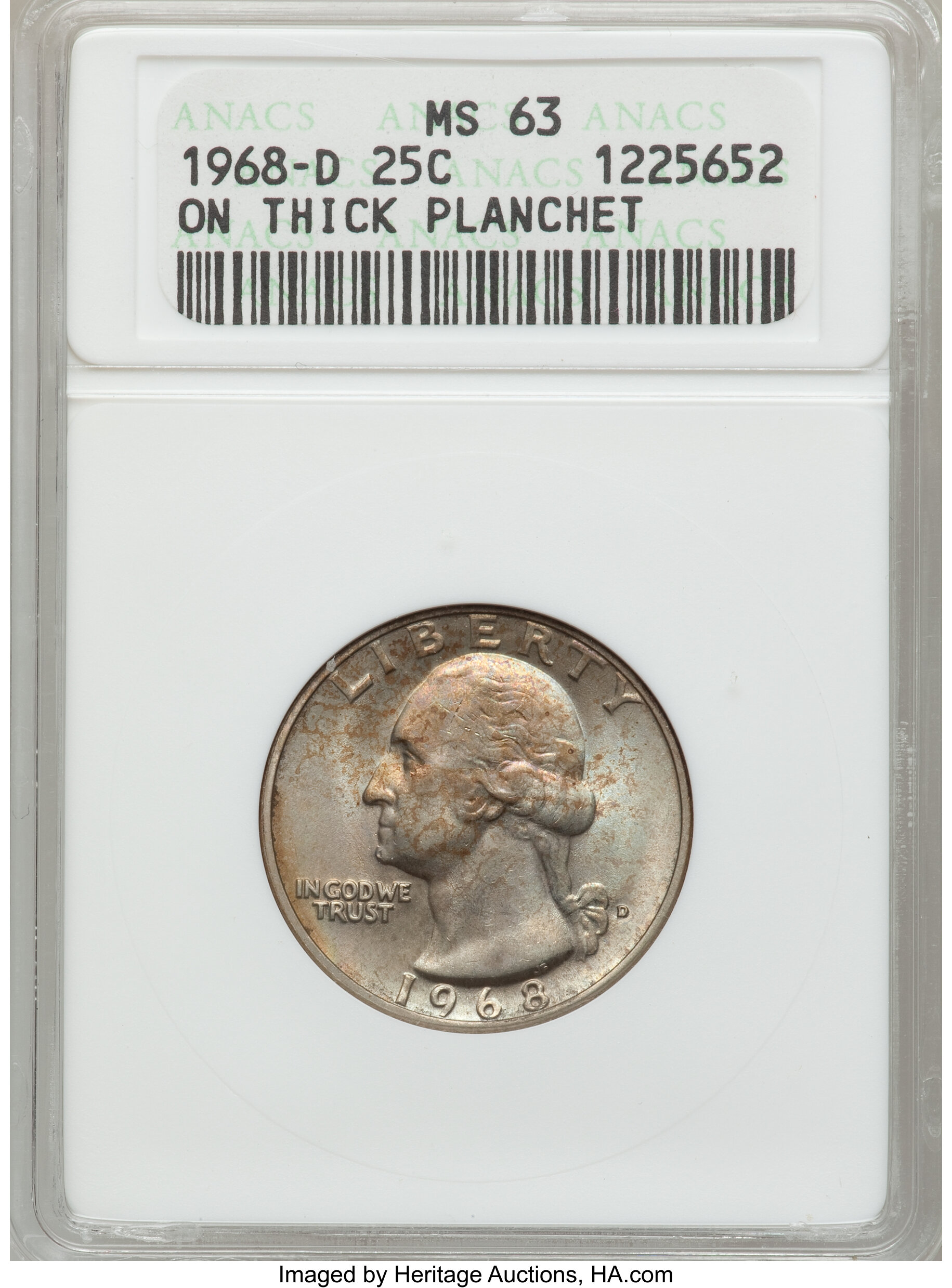 1968 D 25C Washington Quarter On Thick Planchet MS63 ANACS. NGC