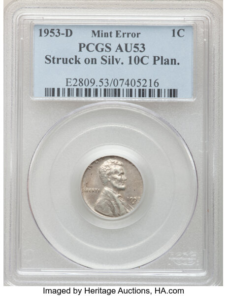 1953-D 1C Lincoln Cent -- Struck on a Silver 10C Planchet -- AU53