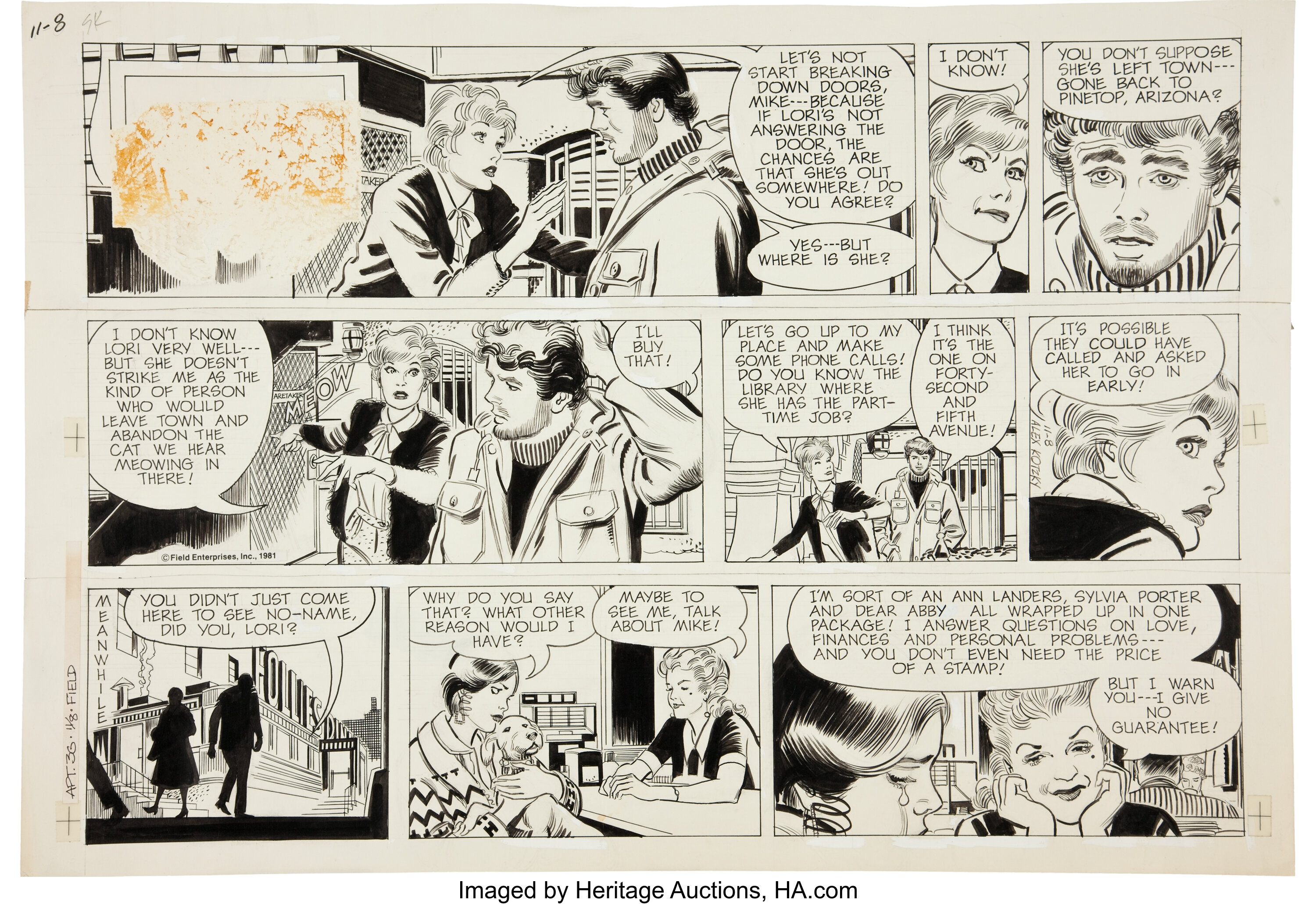 Alex Kotzky Apt. 3-G Sunday Comic Strip Original Art dated 11-8-81 ...