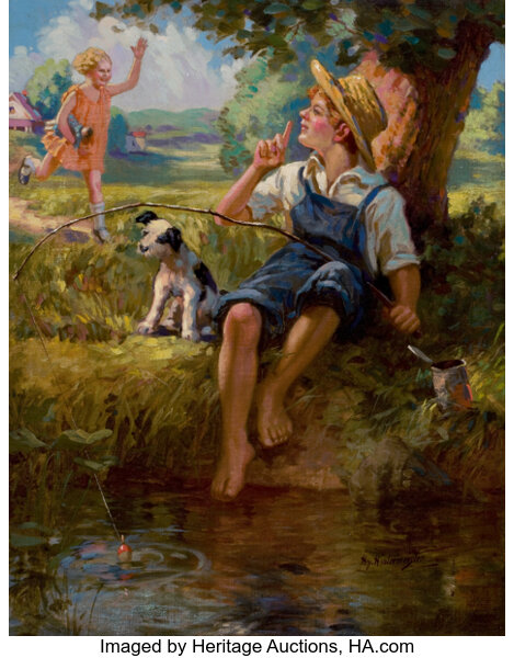 HY (HENRY) HINTERMEISTER (American, 1897-1972). Boy Fishing. Oil on, Lot  #78170