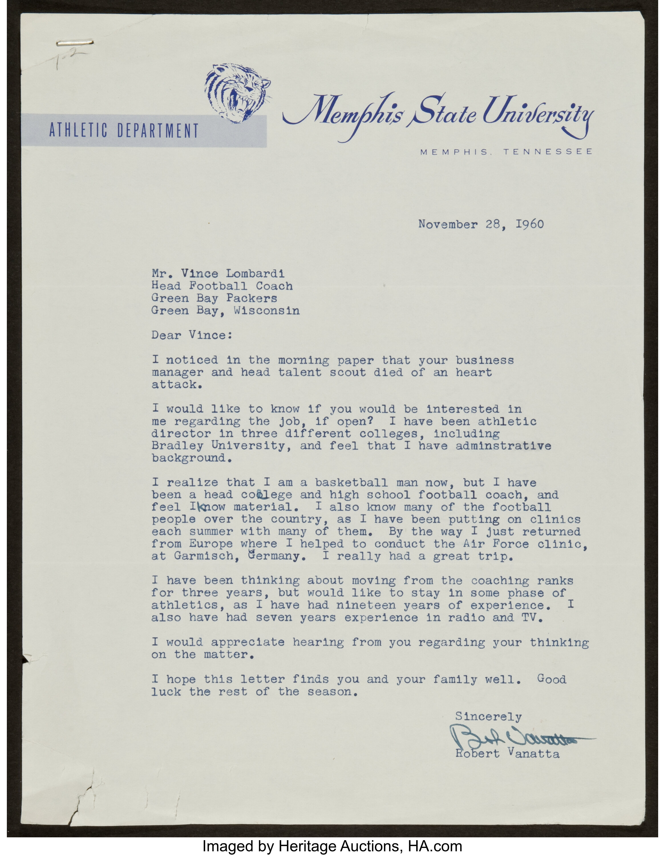 Letter From Vince Lombardi to Season TIcket Holders, Document