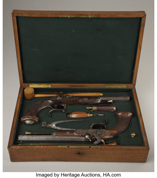 Cased Pair Flintlock Dueling Pistols & Accessories .54-.58 Caliber