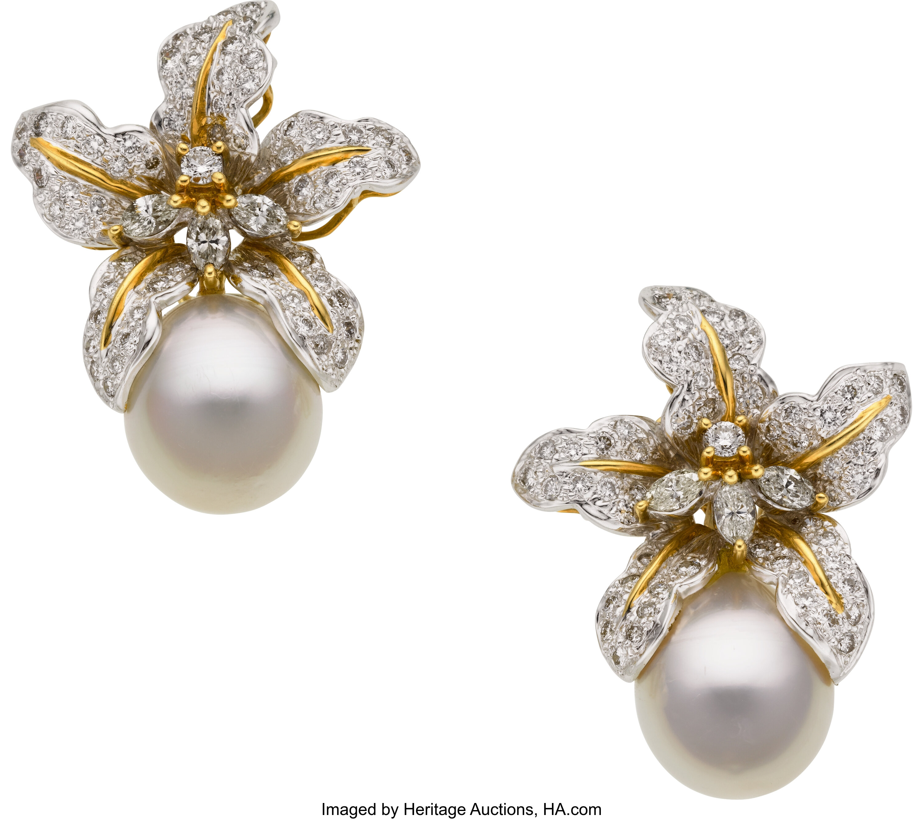 Diamond, South Sea Cultured Pearl, Gold Earrings. ... Estate | Lot ...