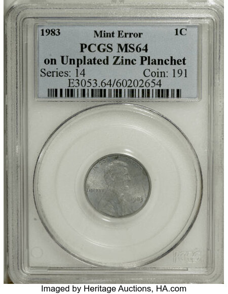 1983 1C Lincoln Cent--Struck on Unplated Zinc Planchet--MS64 | Lot