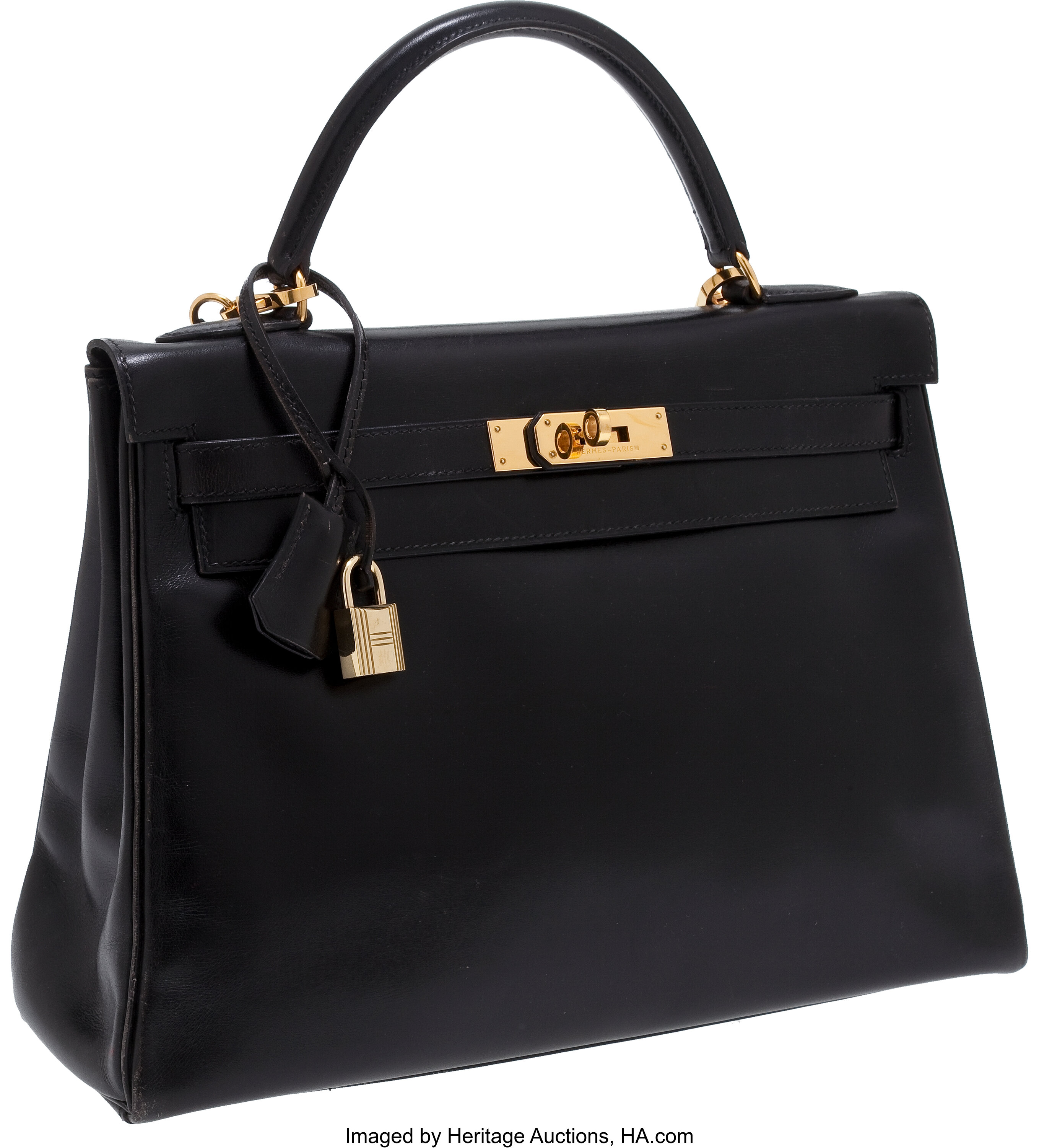 Hermes 32cm Black Calf Box Leather Retourne Kelly Bag with Gold | Lot ...