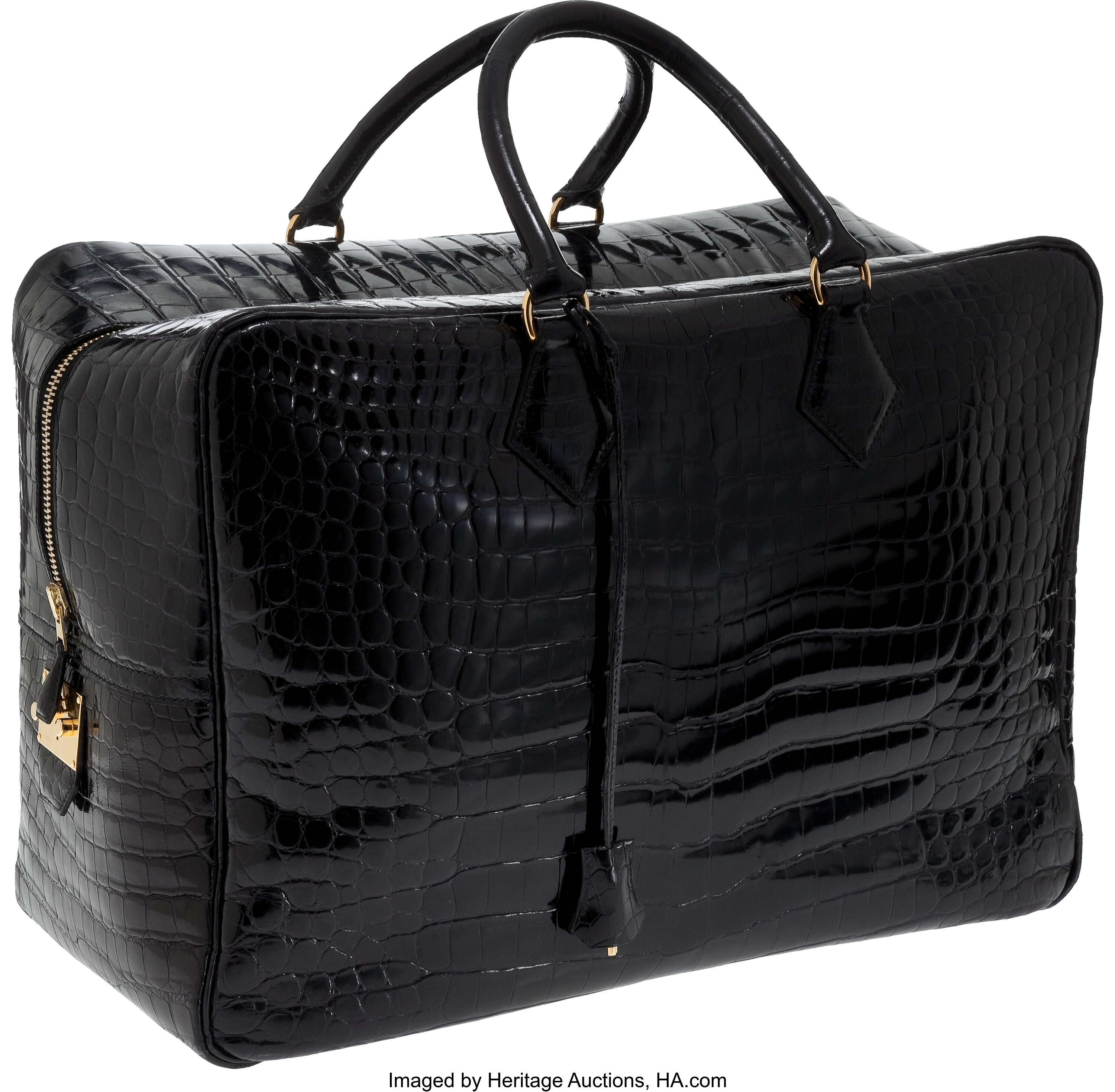 Hermes 45cm Black Shiny Porosus Crocodile Plume Travel Bag with | Lot ...