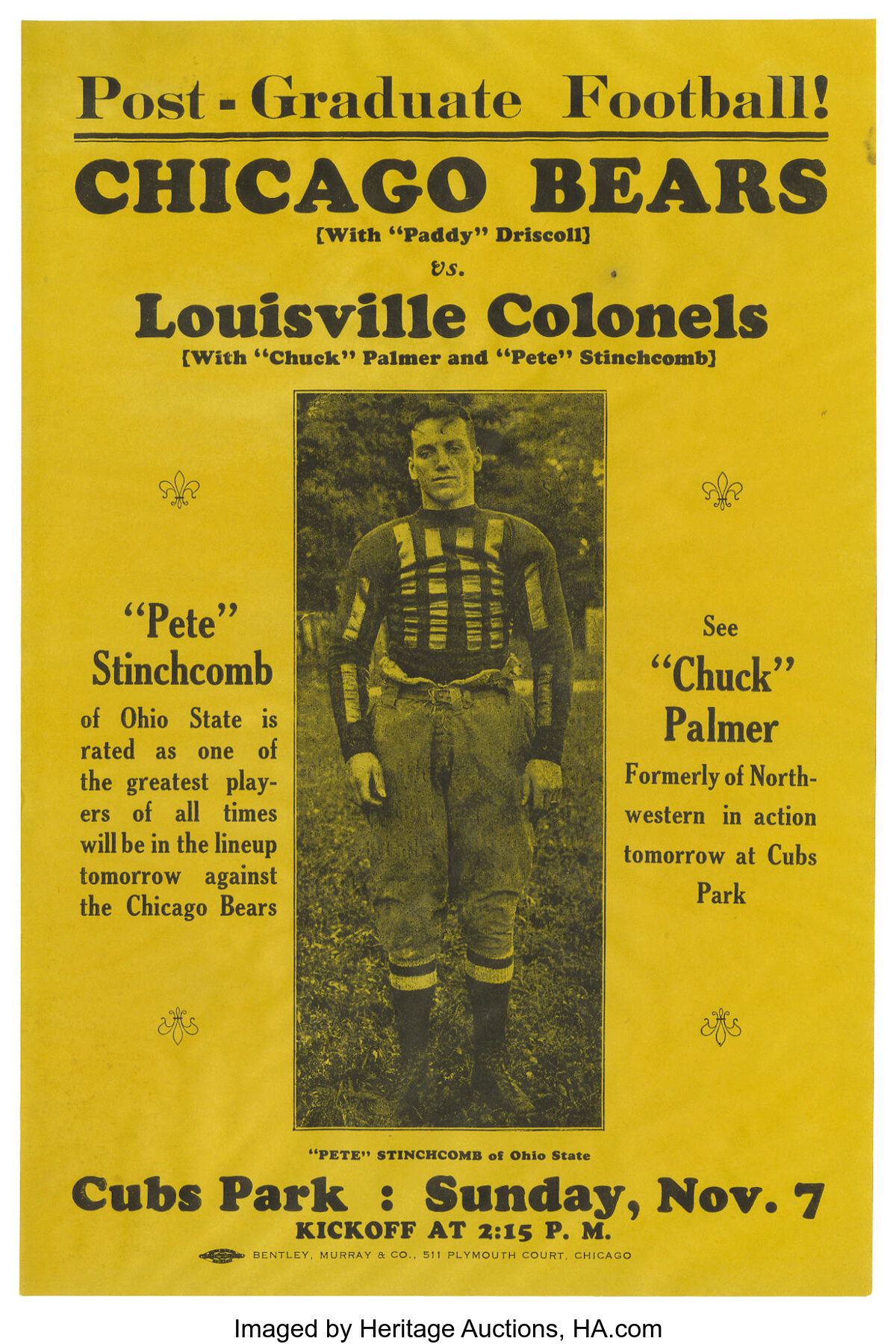 1926 Chicago Bears Broadside with Pete Stinchcomb. Though Hall of