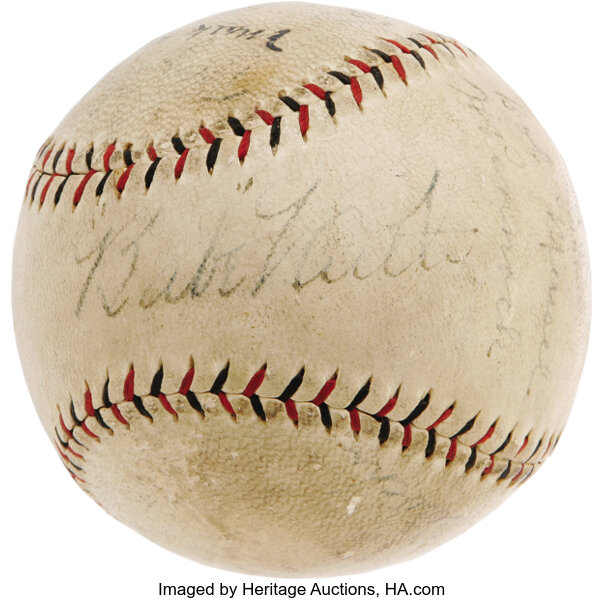 Lot Detail - 1927 Murderers Row Signed Baseball with Ruth, Gehrig, Meusel  & Lazzeri LOA PSA/DNA