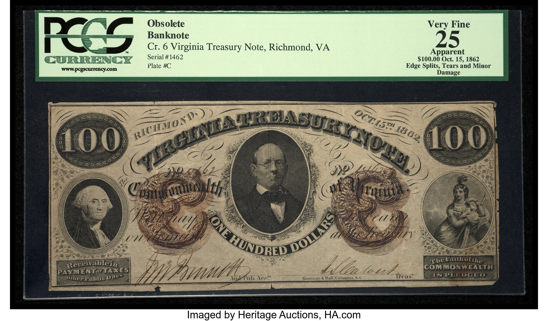 $100 Virginia Treasury Note No. 119 Oct. 15, 1862 Commonwealth of Virginia