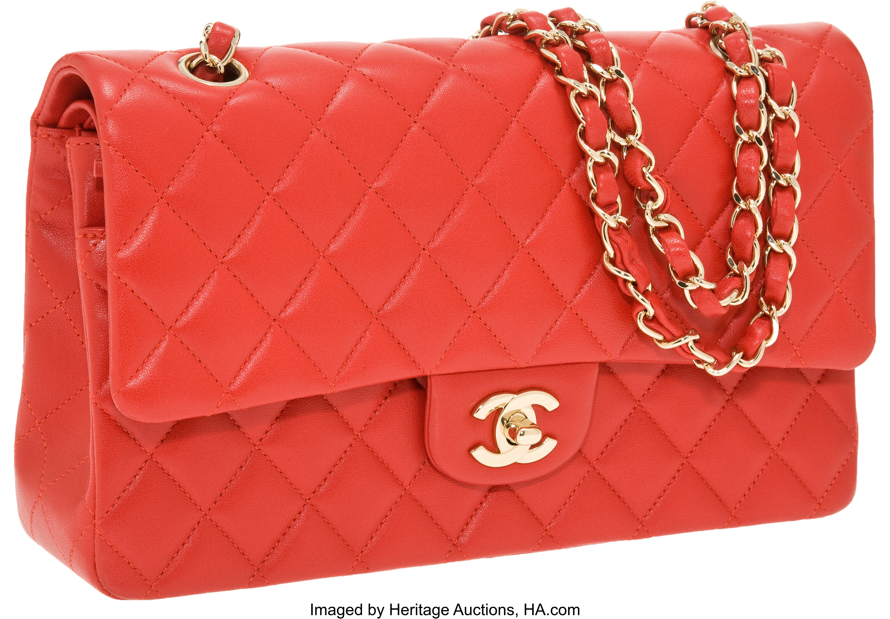 Set of 2: Chanel Tomato Red Lambskin Leather Classic Double Flap, Lot  #56160