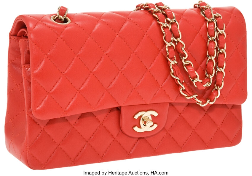Set of 2: Chanel Tomato Red Lambskin Leather Classic Double Flap