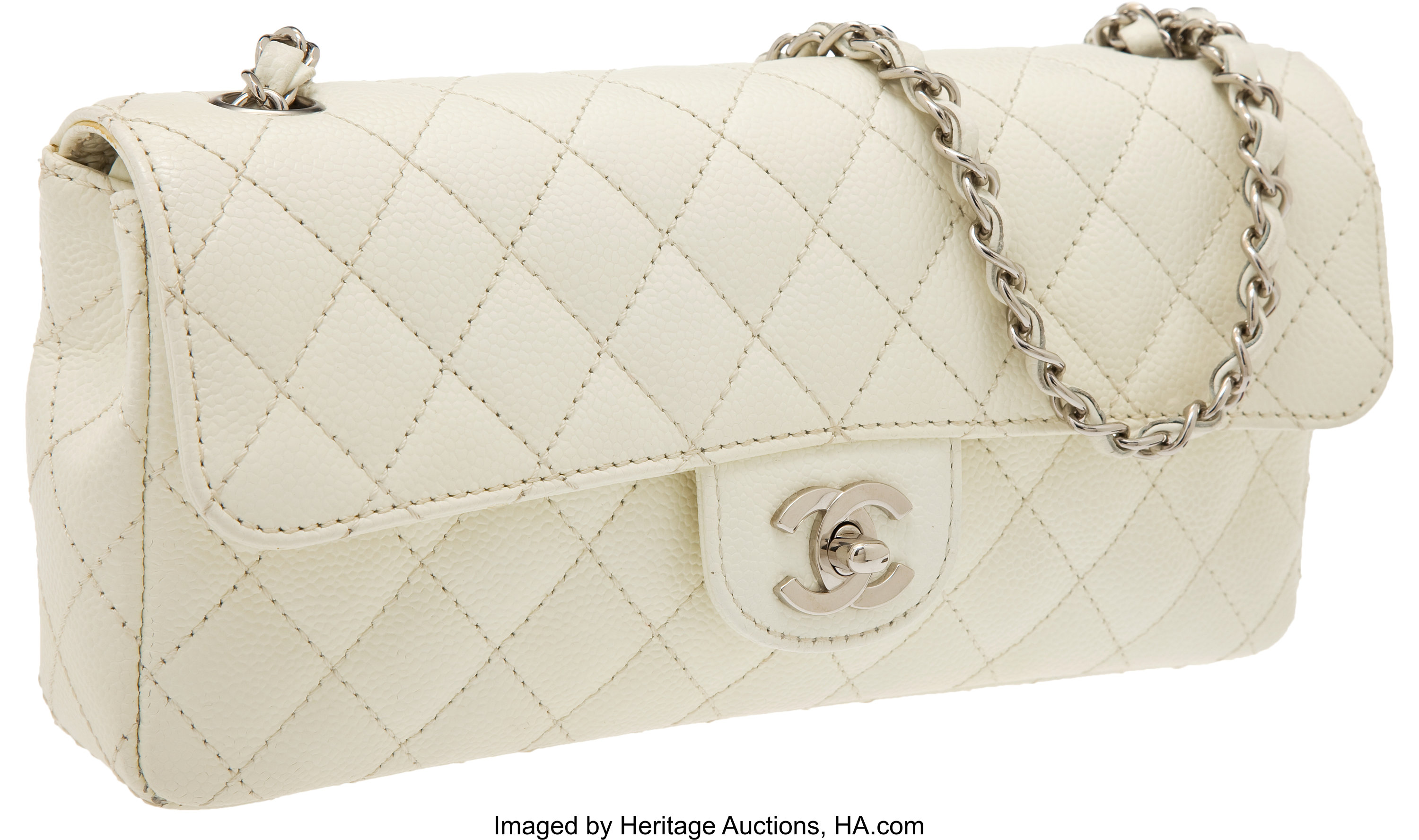 Chanel White Caviar Leather East-West Single Flap Bag with Silver