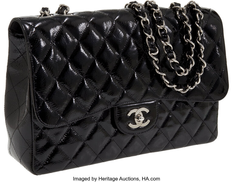 Chanel Chevron Classic Flap Quilted Patent Jumbo Bag in Black