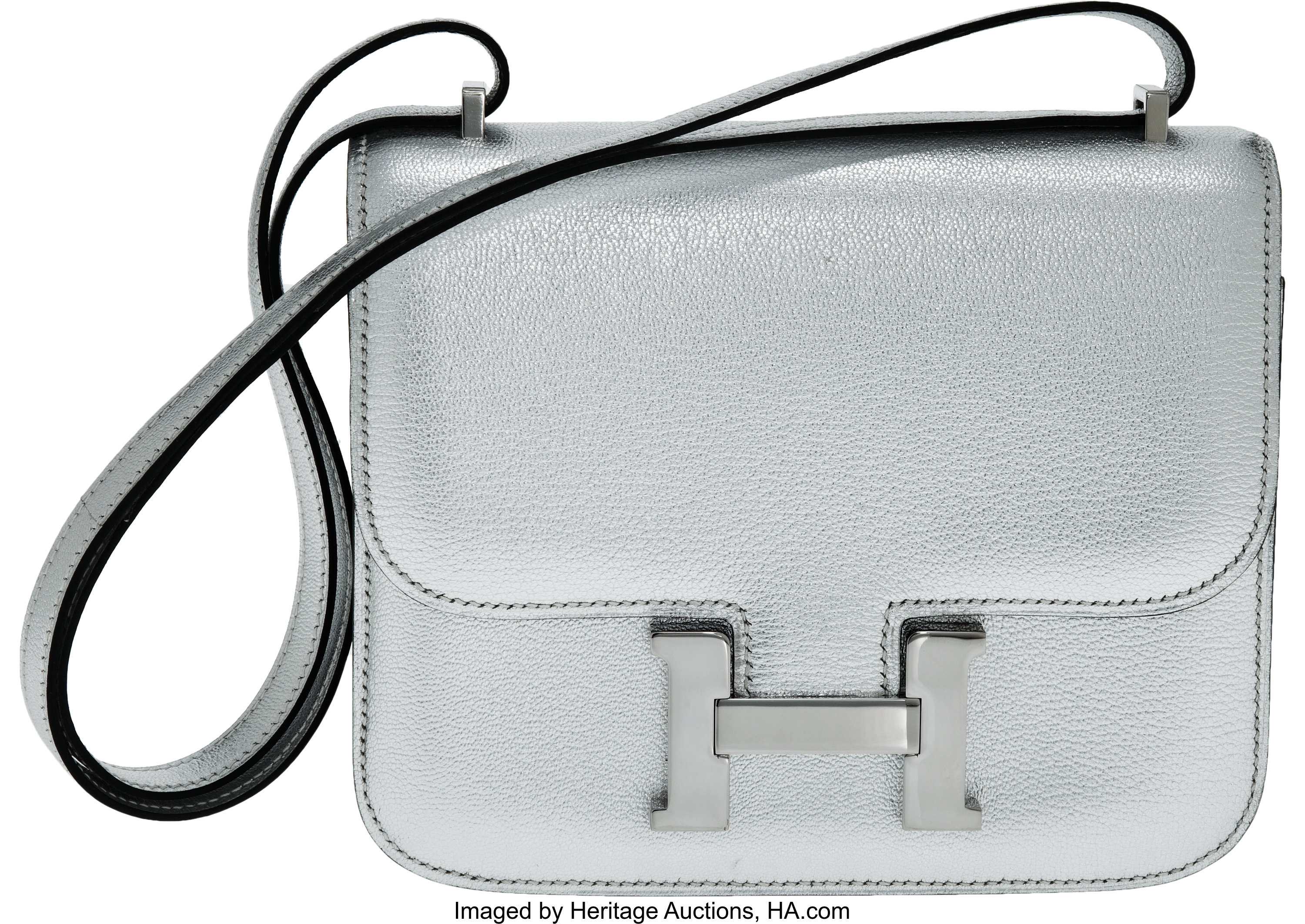 Hermes 25cm Limited Edition Metallic Silver Chevre Leather Sellier, Lot  #58133