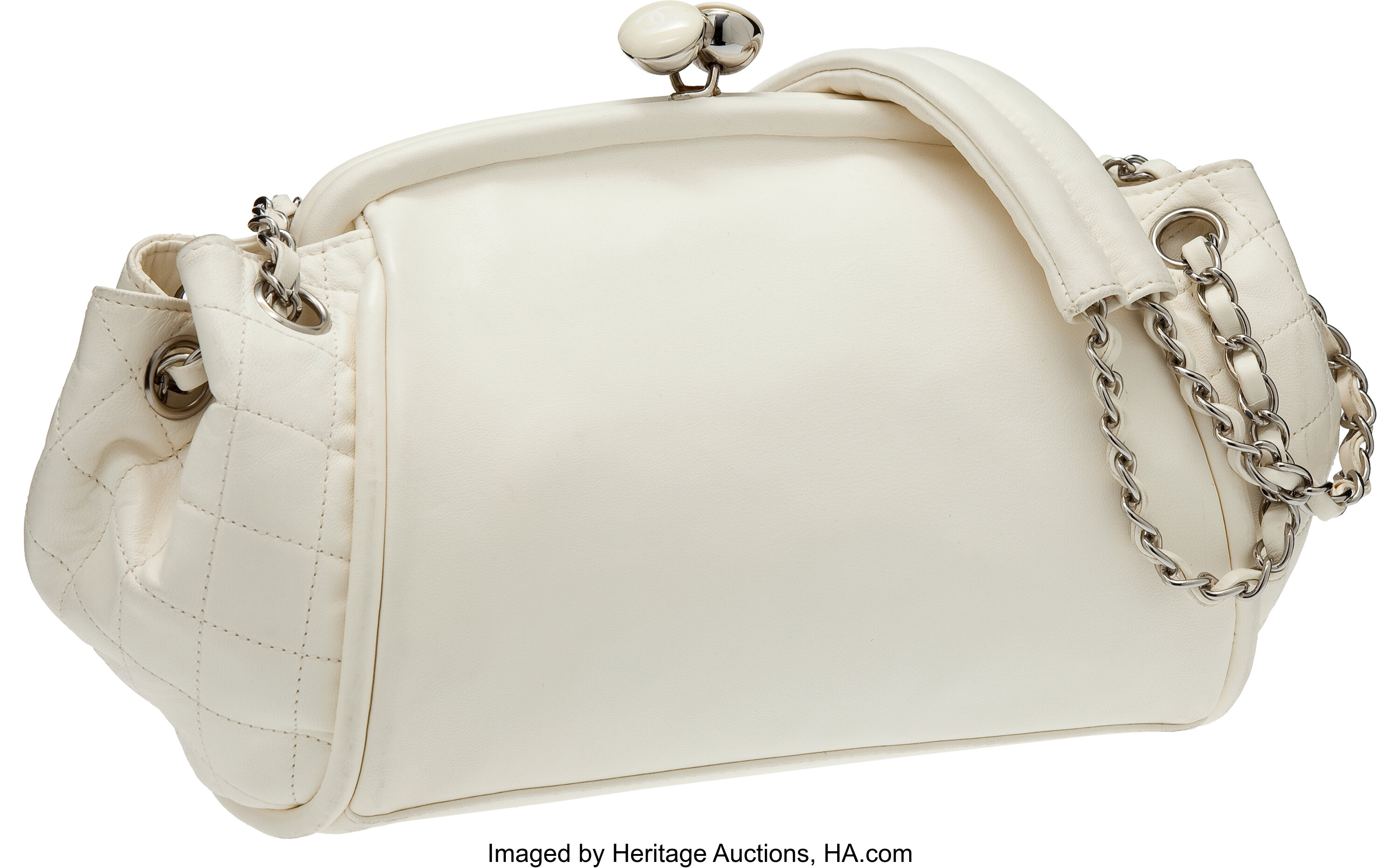Chanel White Lambskin Kiss-Lock Closure Bag with Silver Hardware., Lot  #77001