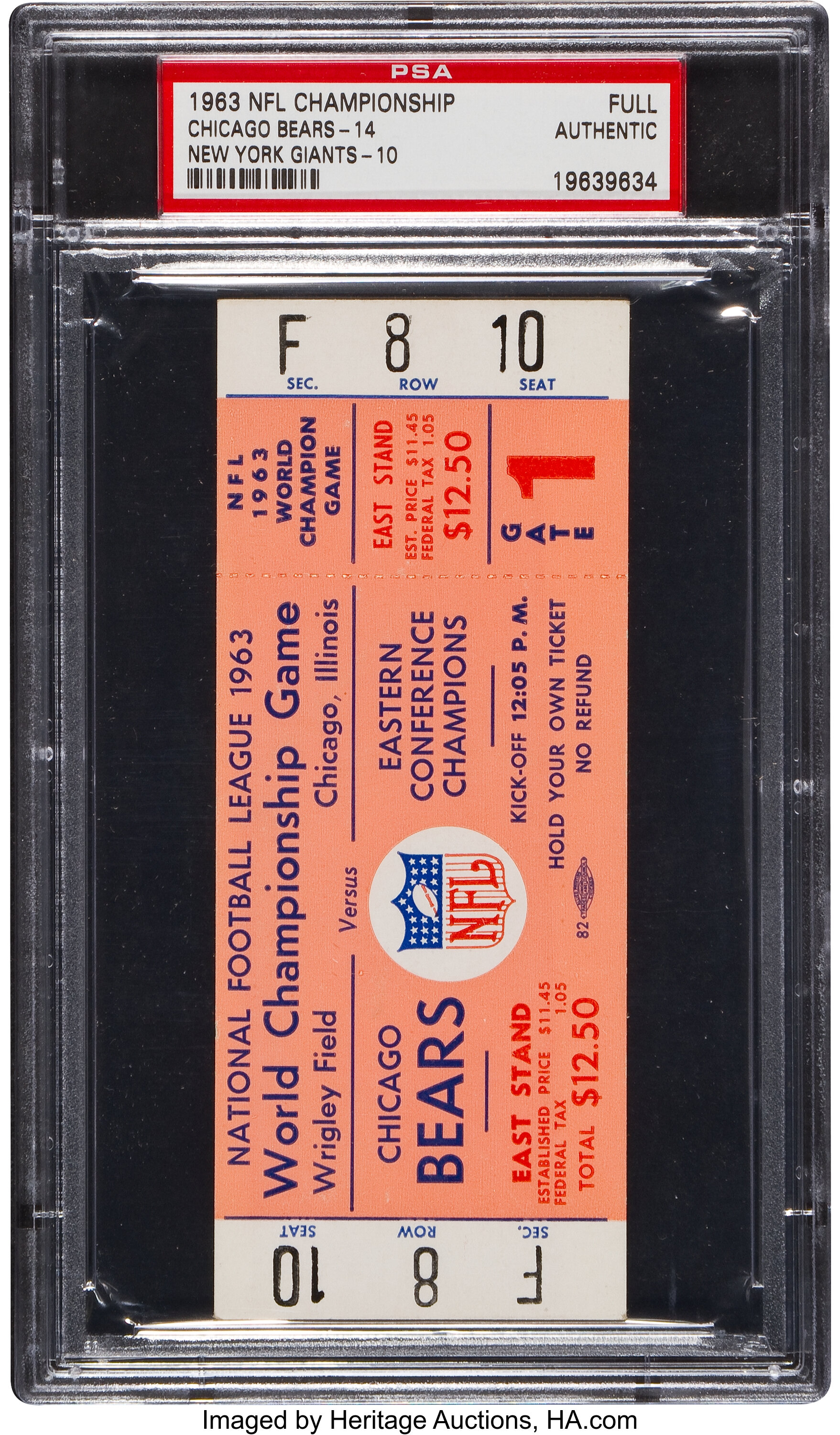 1963 NFL Championship Game Bears vs. Giants Full Ticket, PSA, Lot #81610