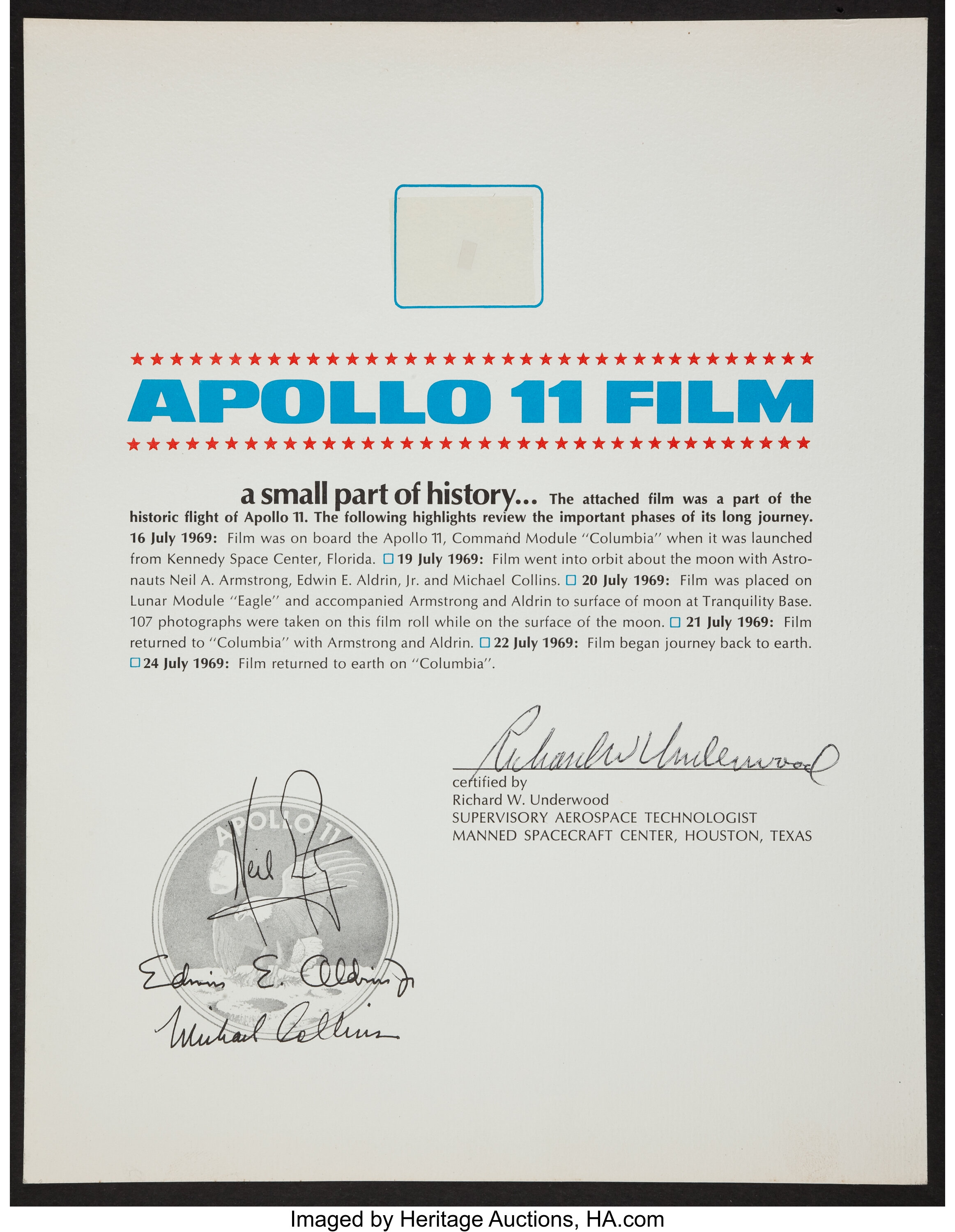 Apollo 11 Lunar Module Flown Camera Film Fragment On A Certificate Lot 40105 Heritage Auctions 