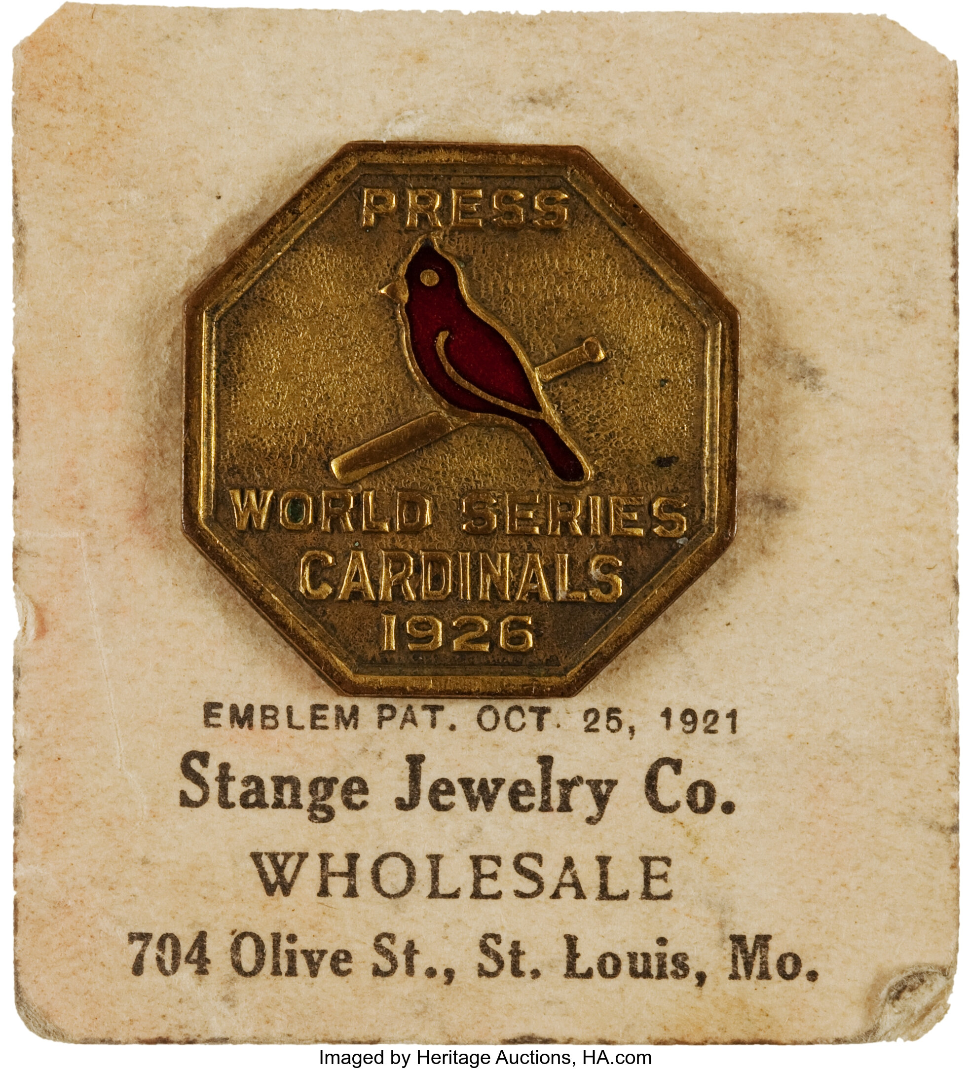 1926 World Series Press Pin (St. Louis Cardinals) on Card