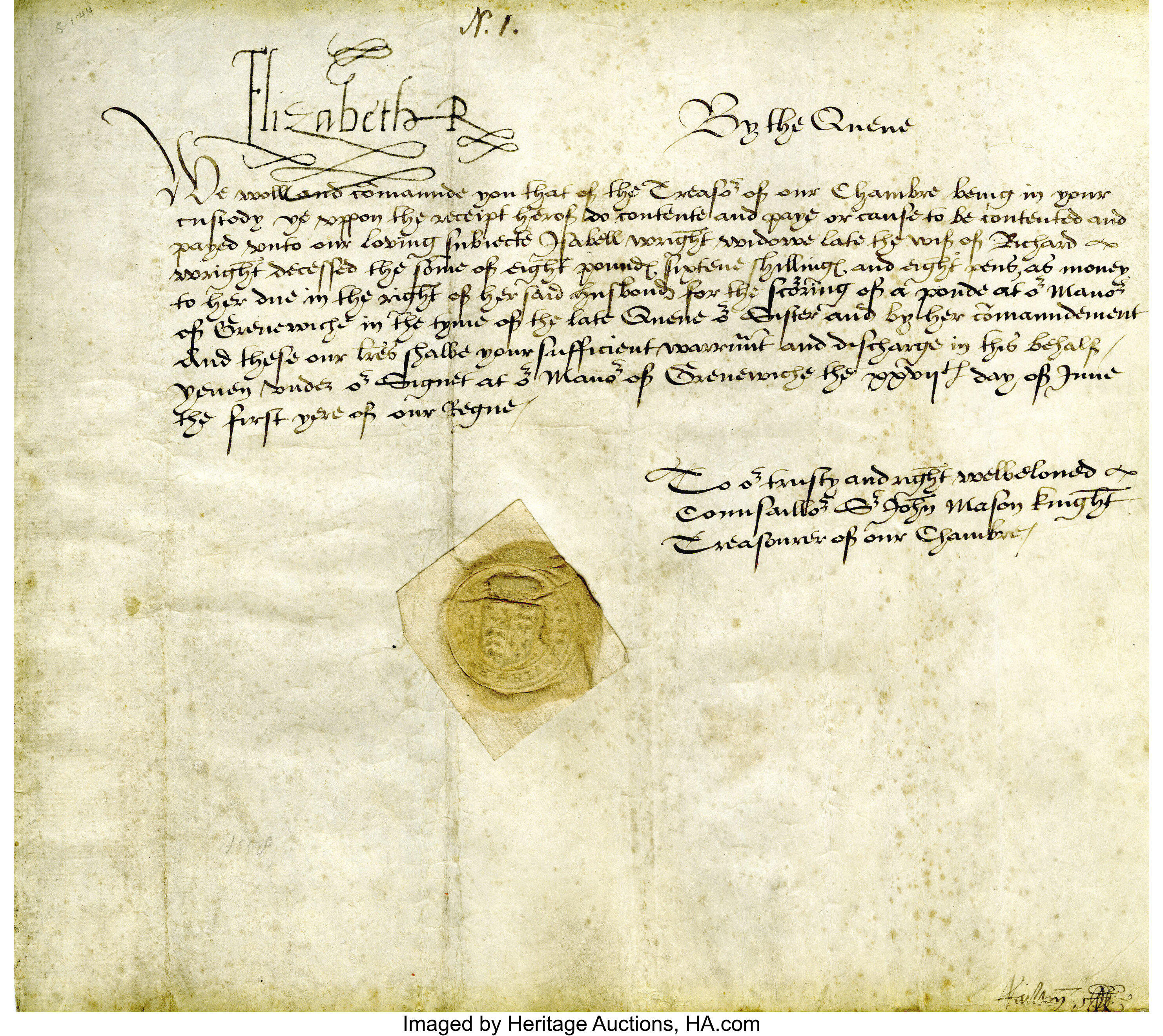 Elizabeth I, Queen of England, Document Signed. 