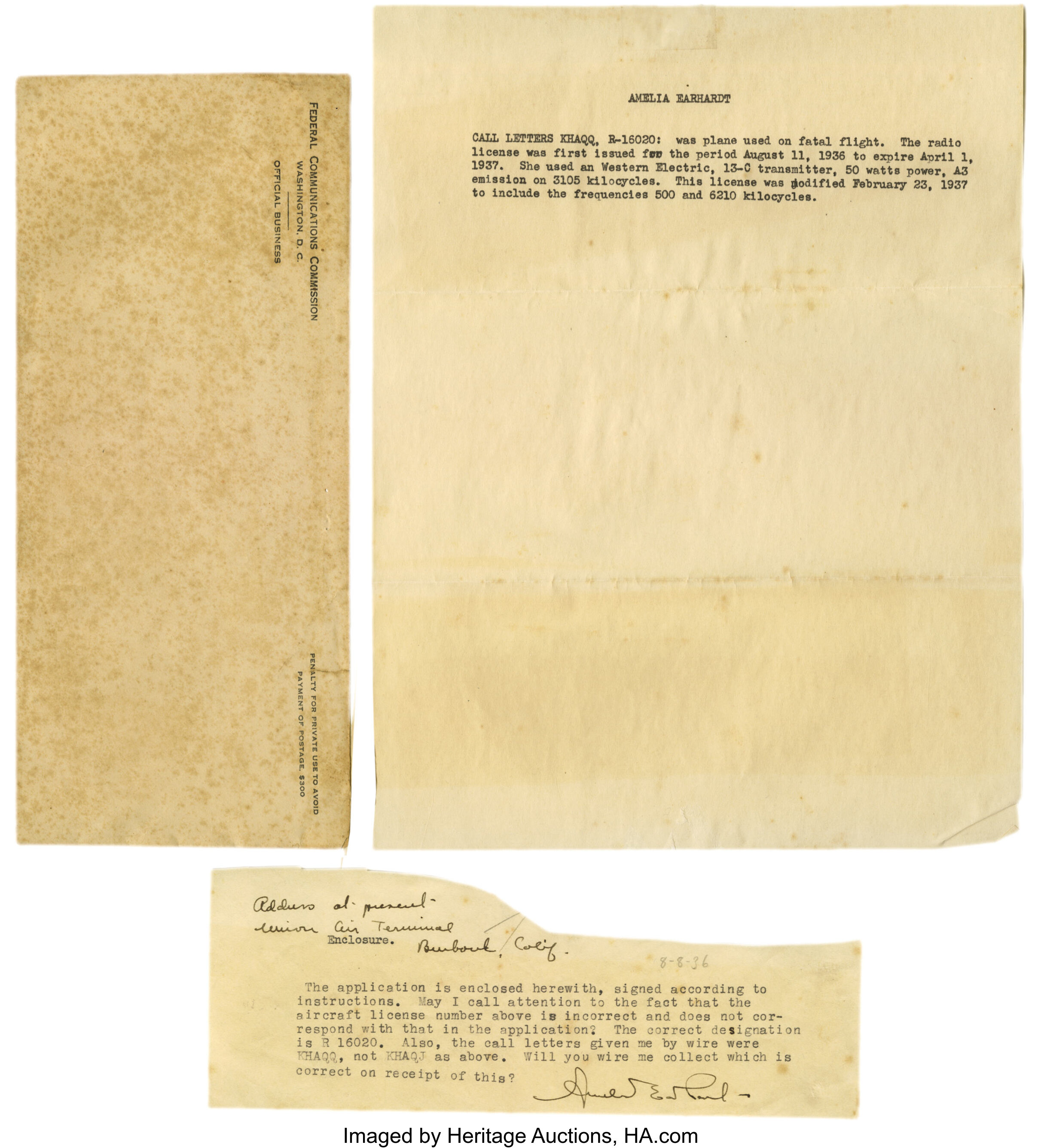 Important Amelia Earhart Typed Note Signed "Amelia Earhart", one | Lot ...