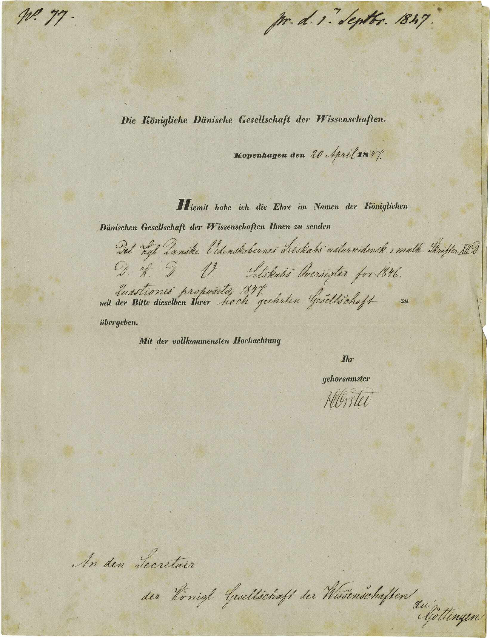 Danish Physicist Hans Christian Oersted 1847 Document Signed 