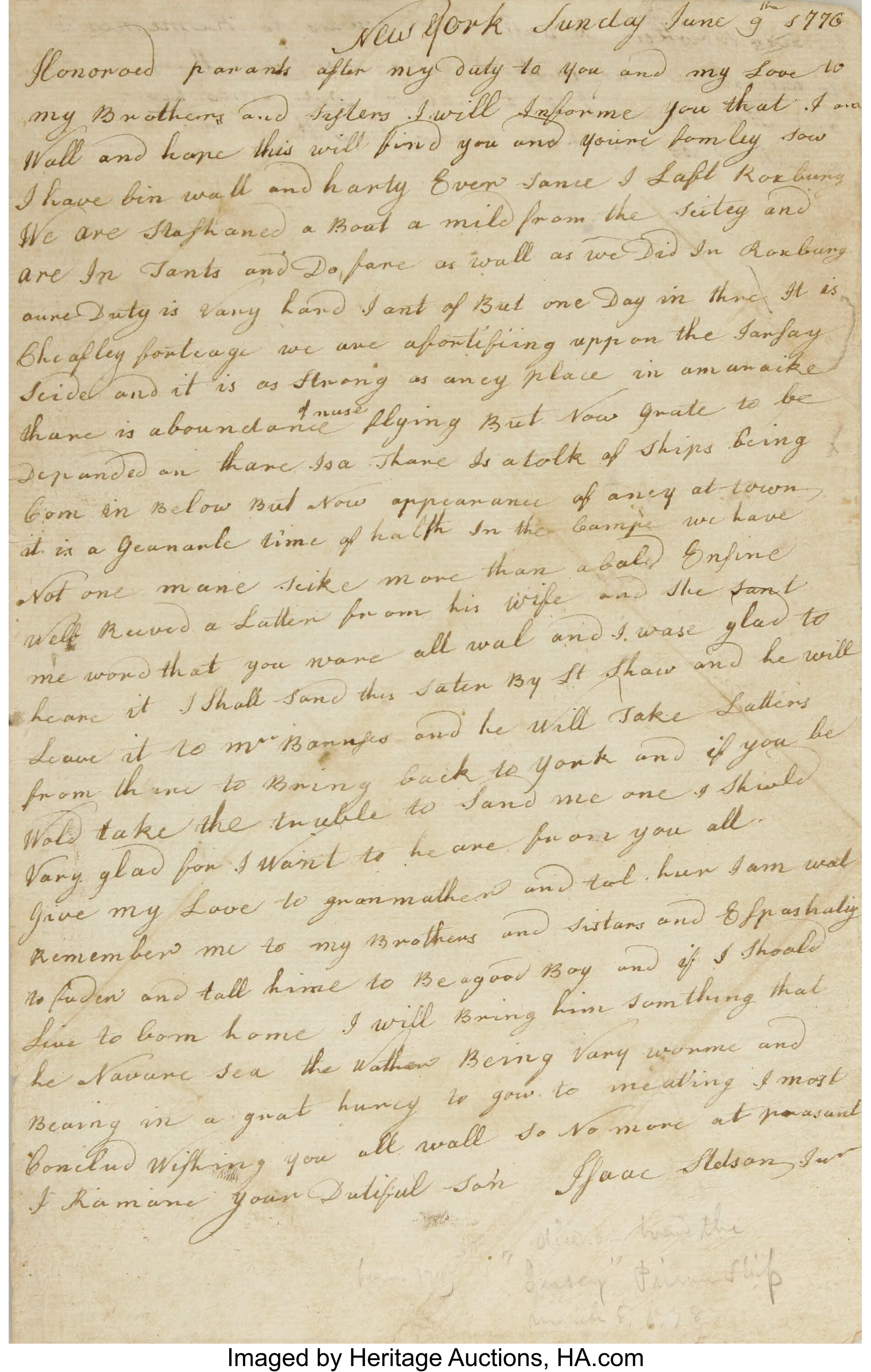 1776 Revolutionary War Letter From A Doomed Soldier. One Page, 7.5 