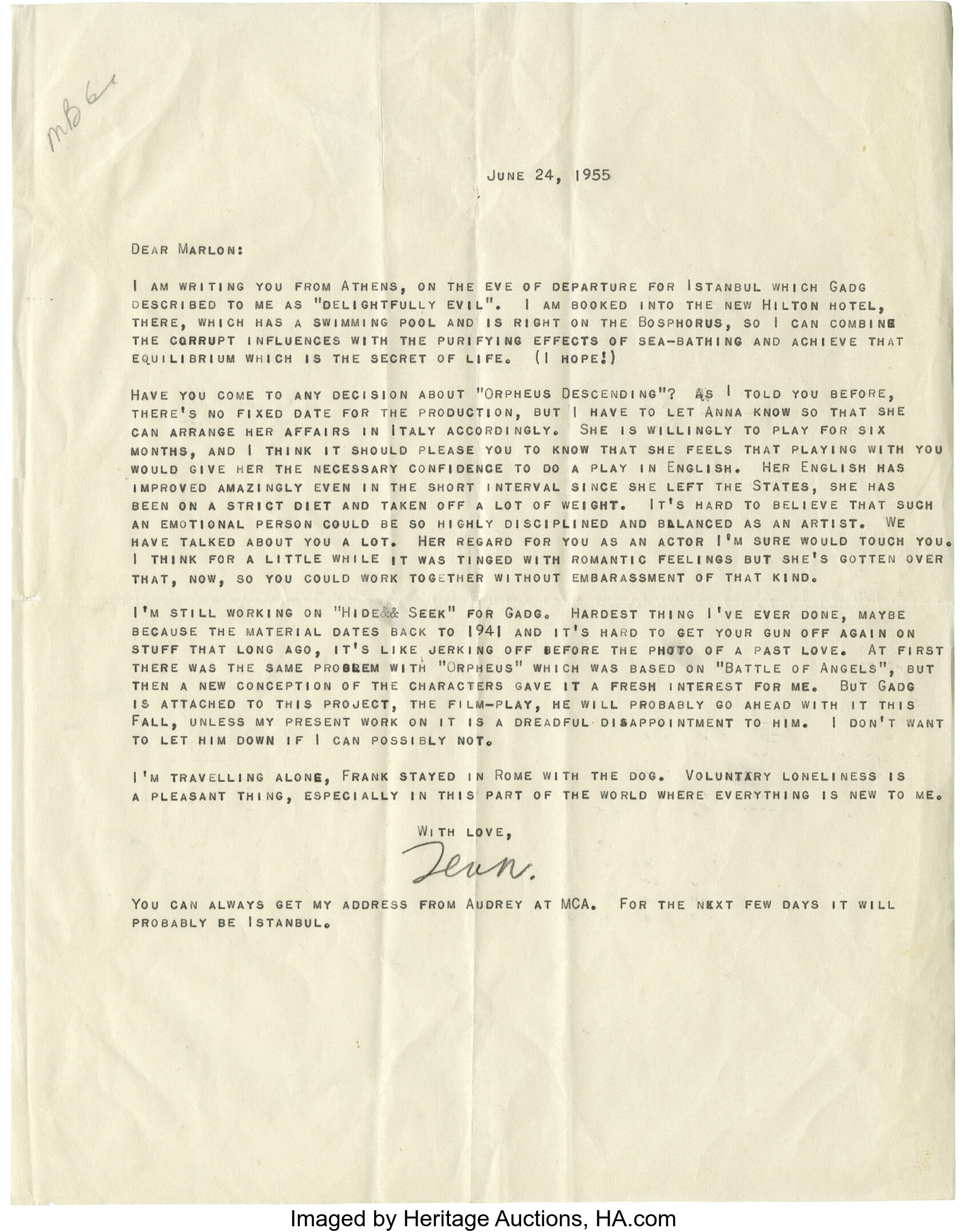 Tennessee Williams Signed Letter to Marlon Brando. Single-page, | Lot ...