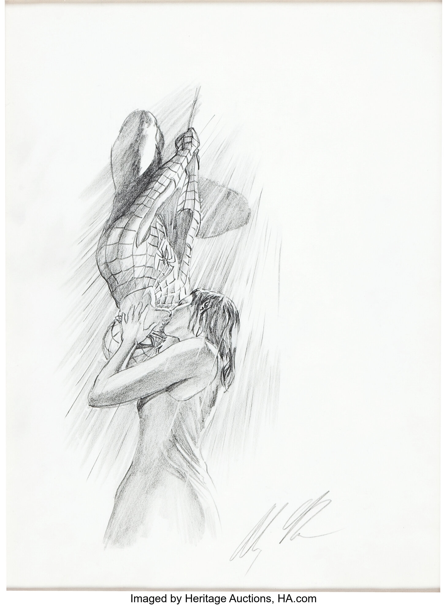 Alex Ross SpiderMan and Mary Jane Kiss Pencil Illustration for Lot