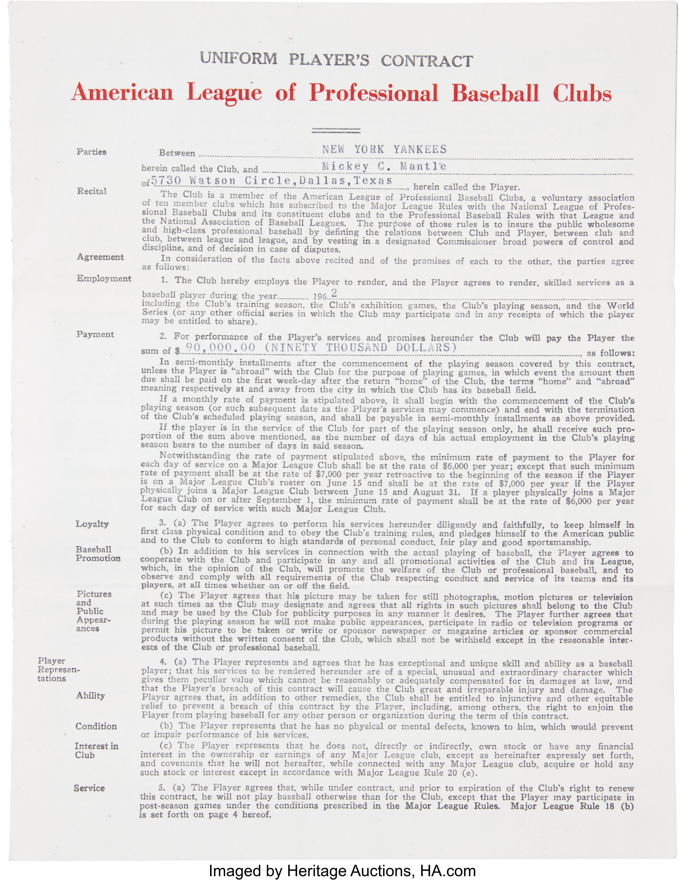 Mickey Mantle's Contract Breakdown : Mickey Mantle's Contact Details and  History